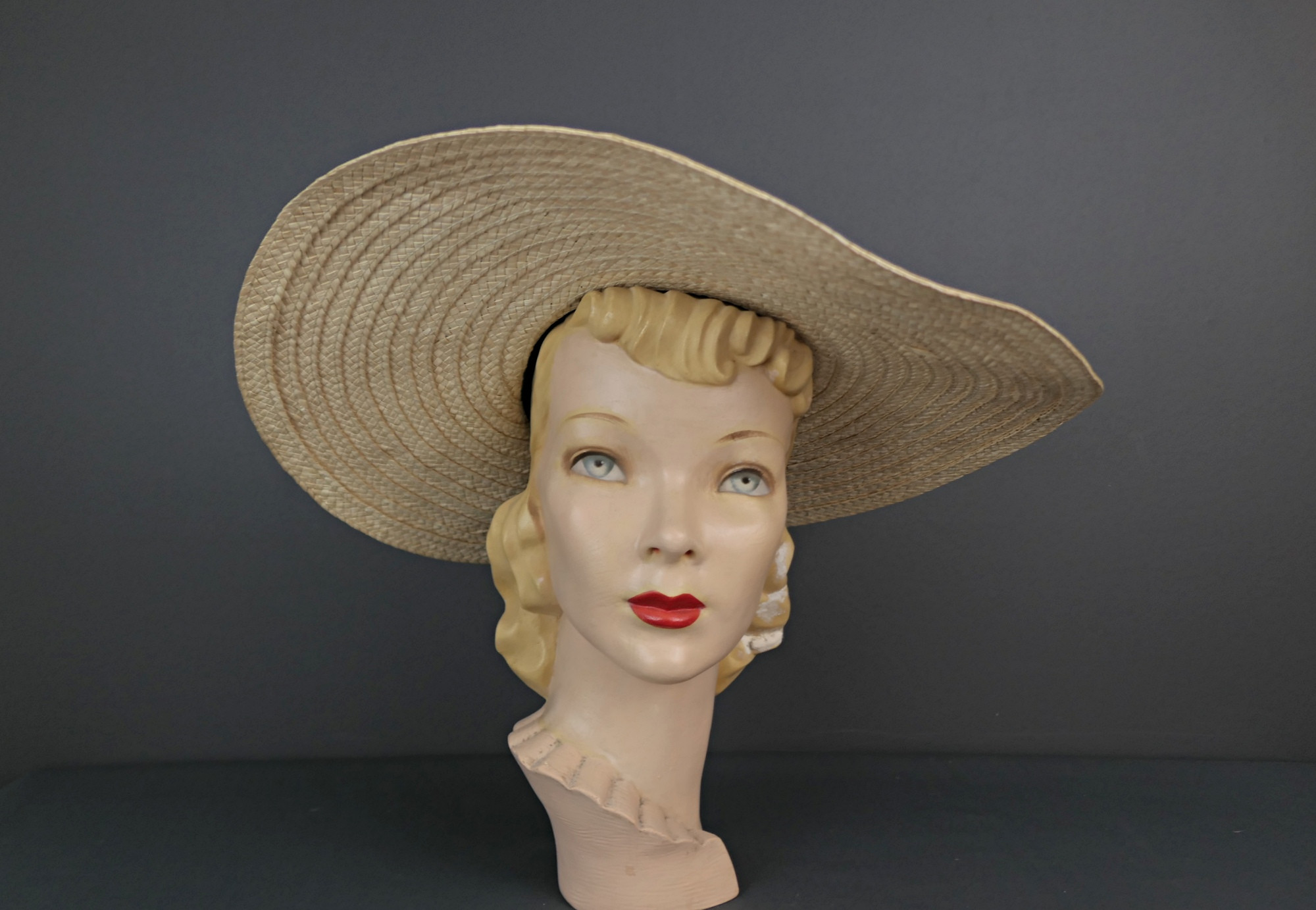 60s STRAW CELLULOSE CREAM MCM RETRO HIGH DOME HAT CURLED BRIM & WIDE RIBBON 40s Tall Crown Tilt Hat by Kurt Richard - Cream Cello Straw  main image 2