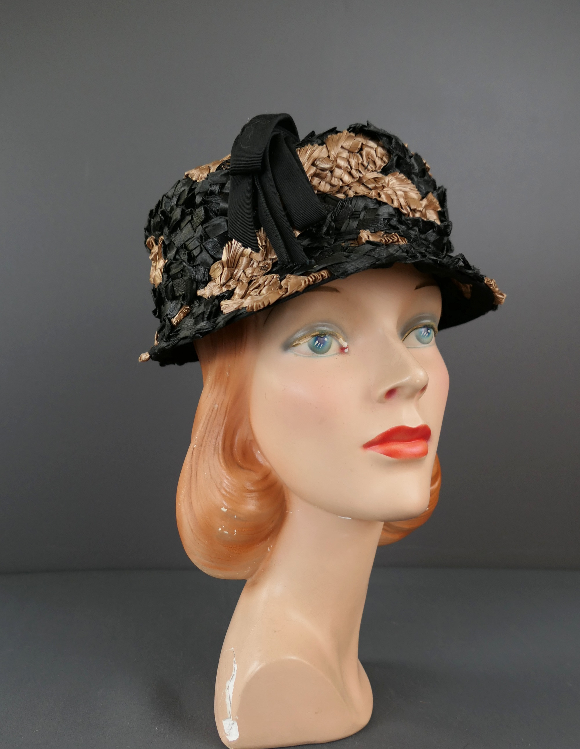 Vintage Black and Brown Straw Raffia Hat, 1960s with Ribbon  display picture 2