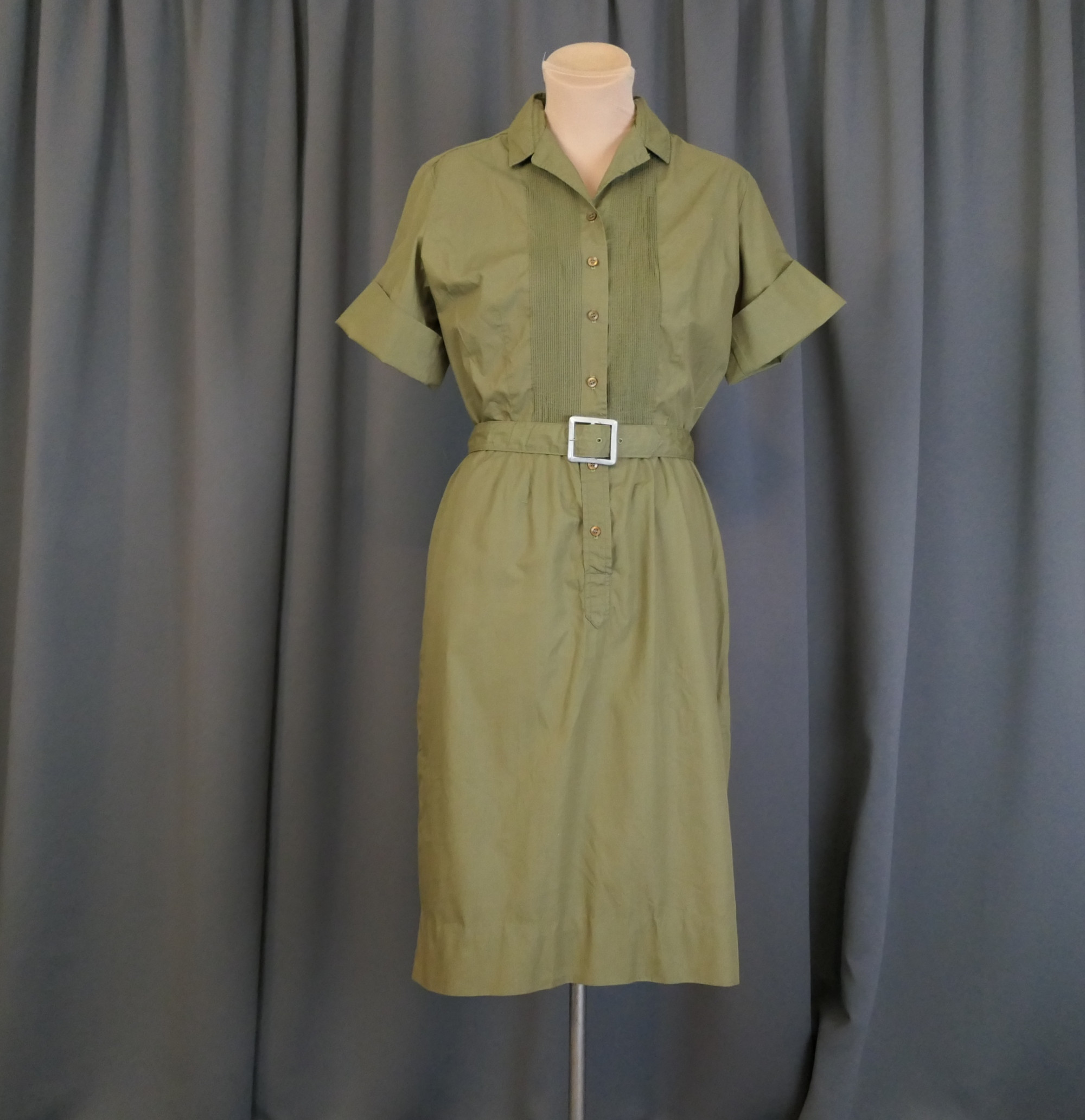 Vintage Olive Green Dress 1960s, 37 bust, Button Front, Shirtwaist Cuffs