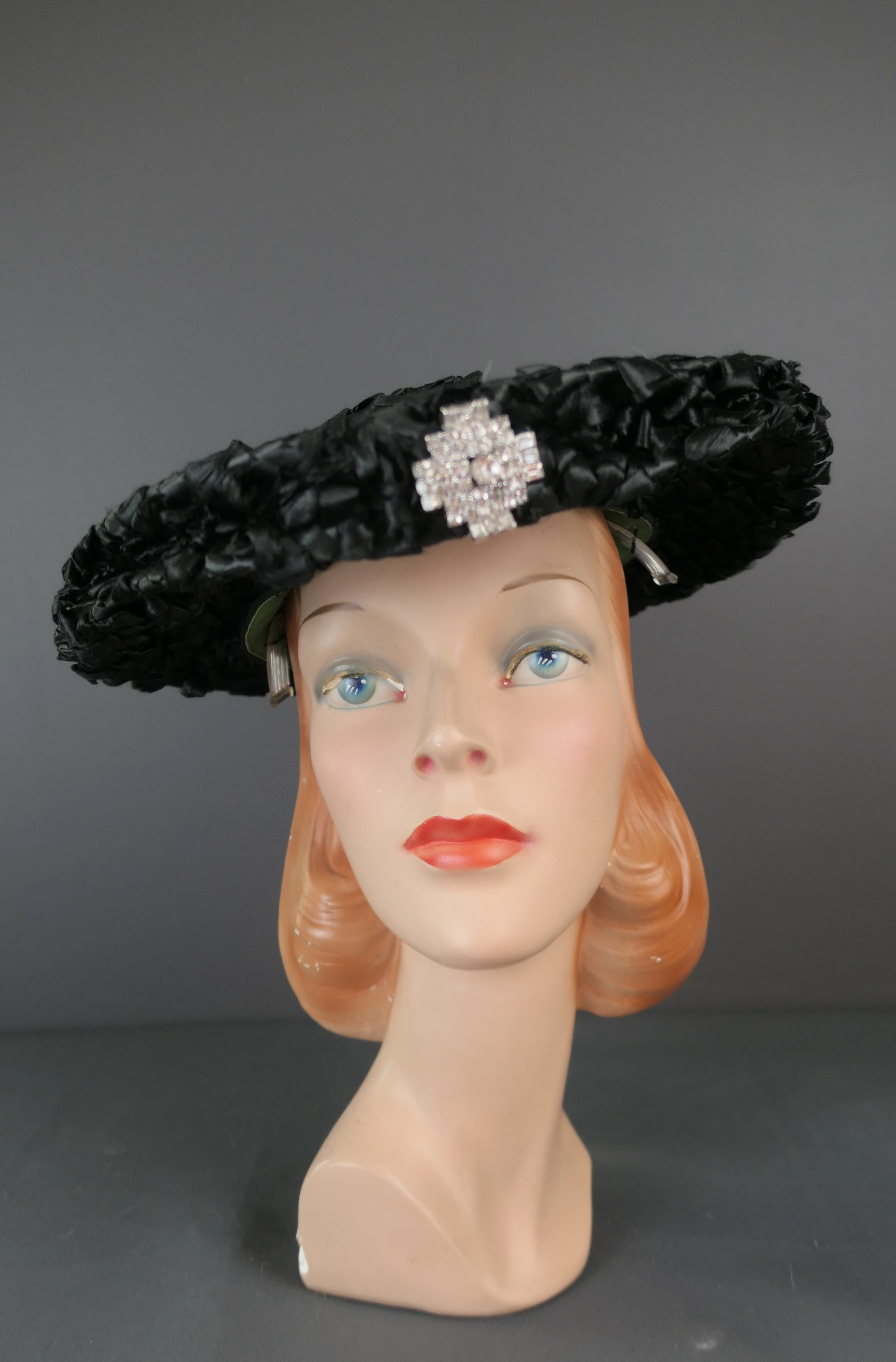 Vintage Black Straw Raffia Hat, Rhinestone Brooch, 1960s 12 inch
