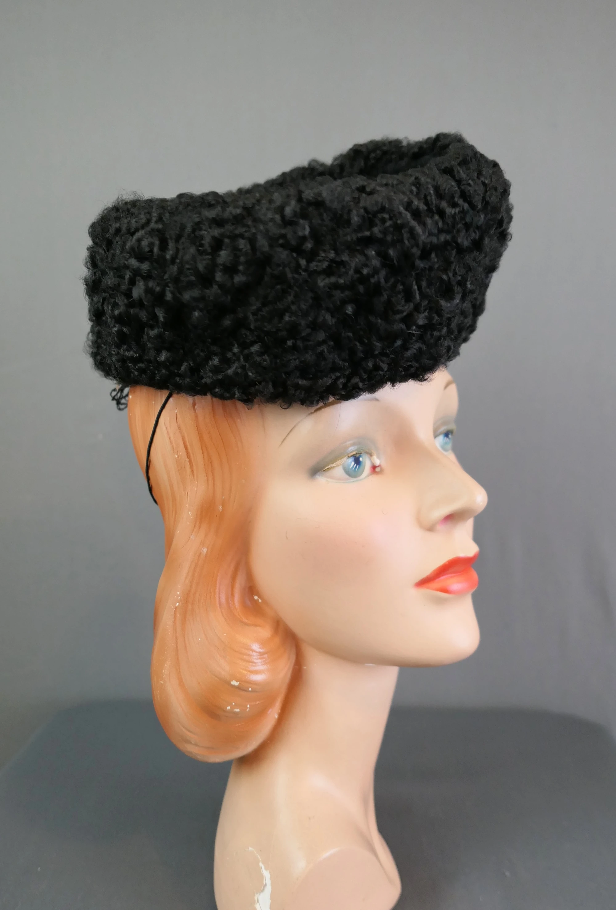 Vintage 1940s Fur Tilt Hat, Black Persian Lamb, fits any size, New