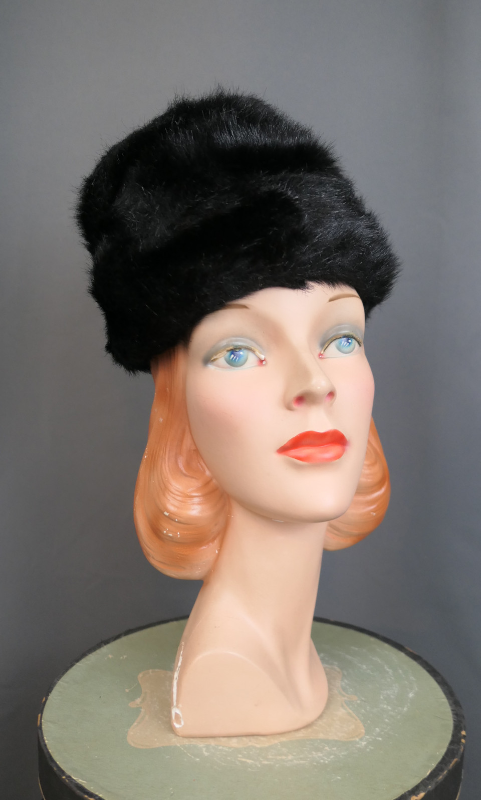 Vintage Black Fake Fur Hat 1960s, 21 inch head