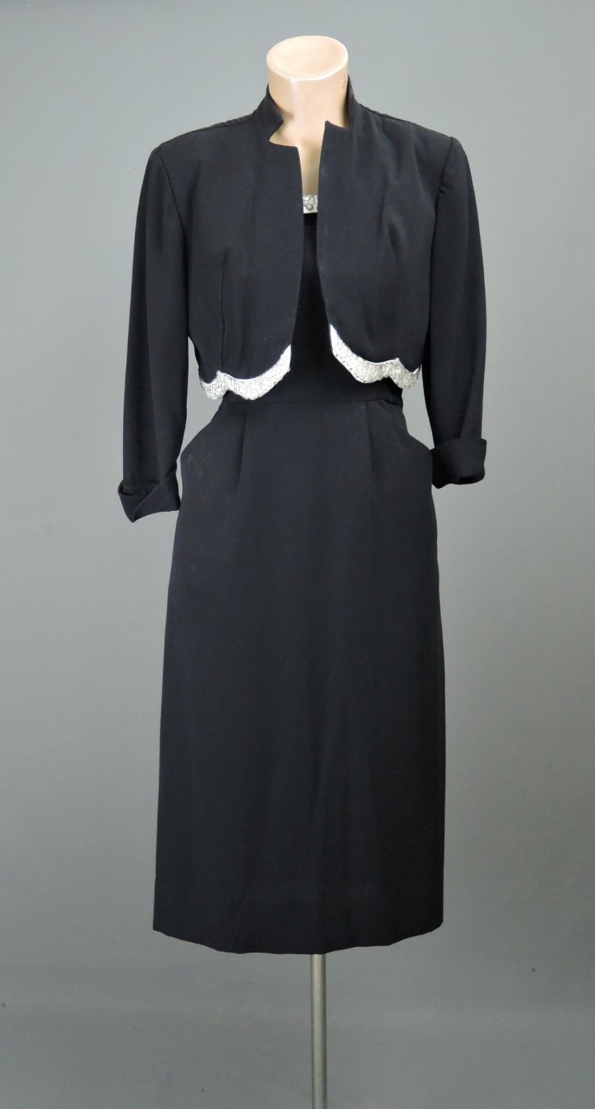 Vintage 1950s Black Dress & Jacket, Beaded Evening Cocktail, fits 33 inch bust