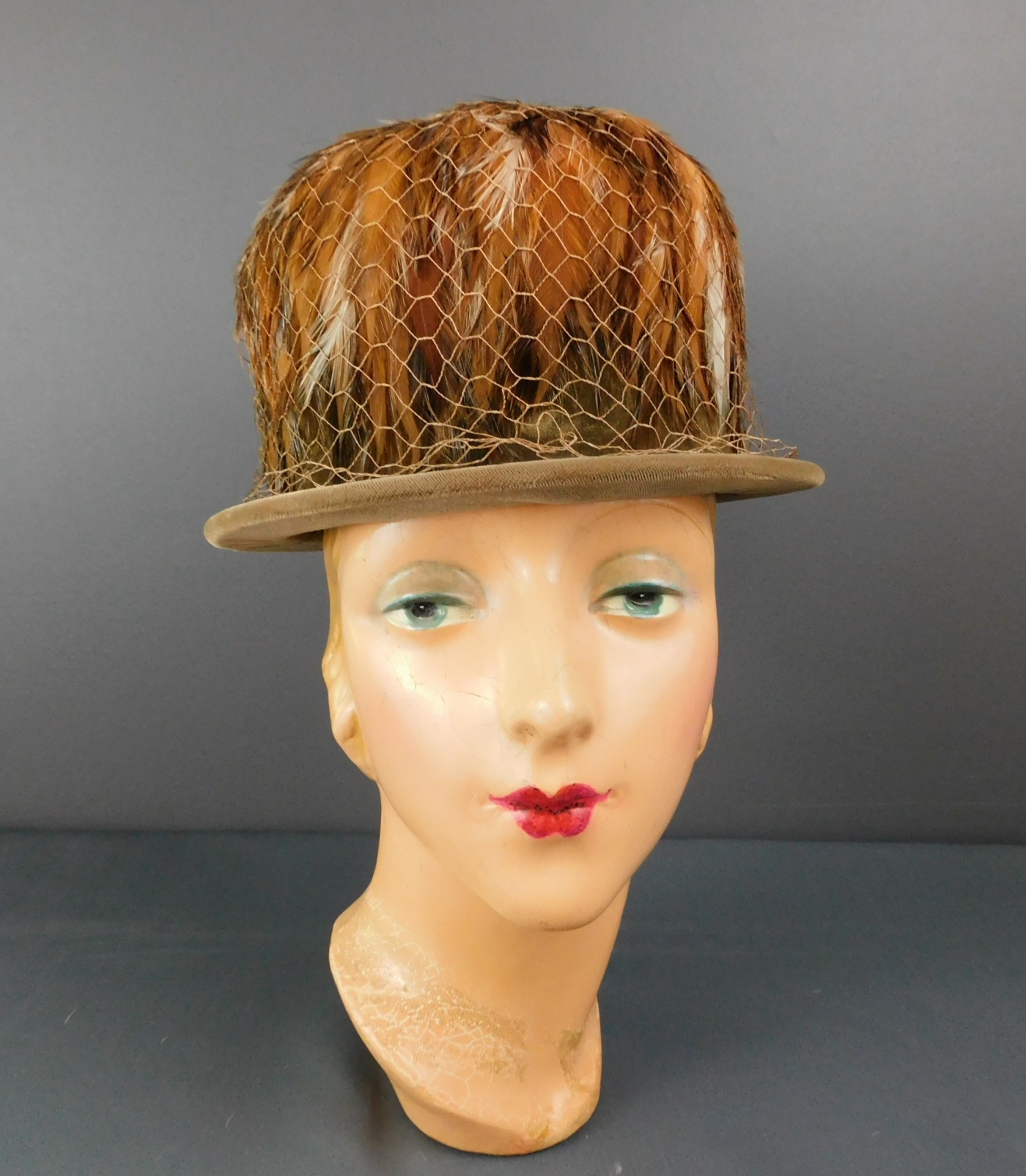 Vintage Brown Velvet & Feathers Hat 1960s, 22 to 23 inch head