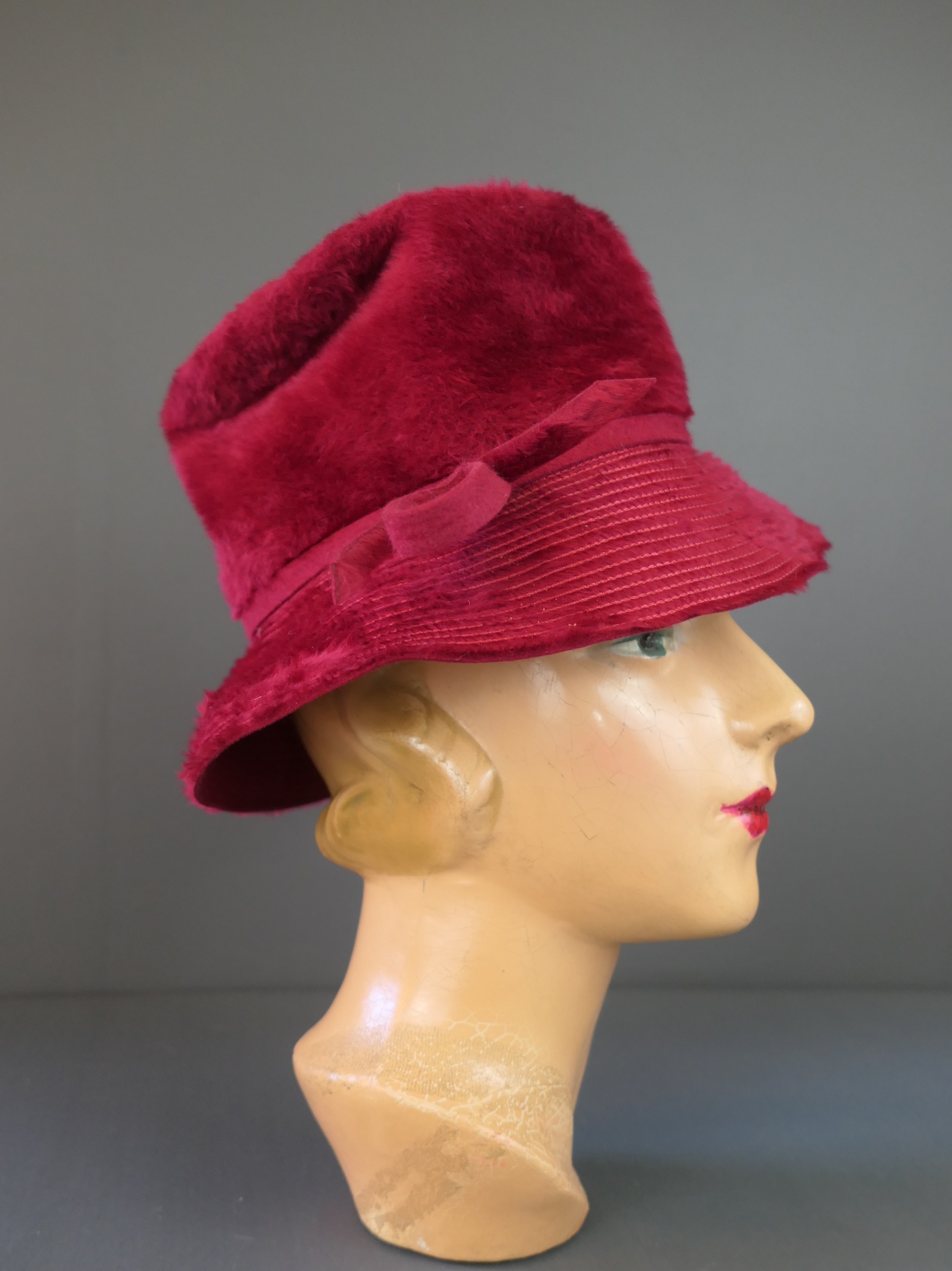 Vintage Dark Red Plush Hat 1960s fits 21 inch head, floppy 