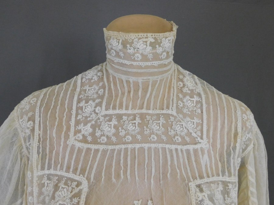 Antique Edwardian Lace Blouse with High Neck Collar, 1900s White Cotton,  fits 32 inch bust, some issues - Dandelion Vintage