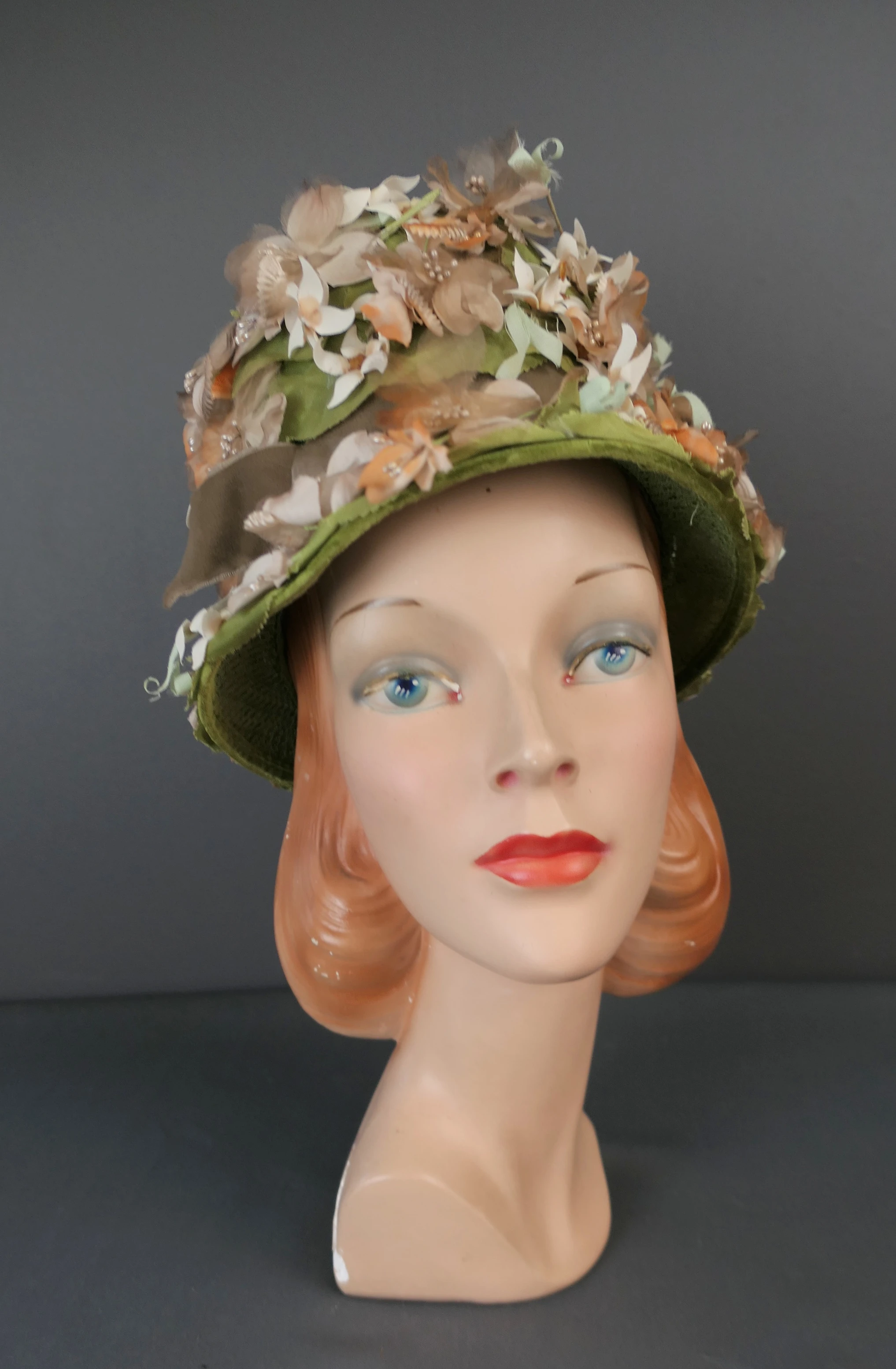 Vintage Beige & Peach Floral Hat with Green Leaves and brown 