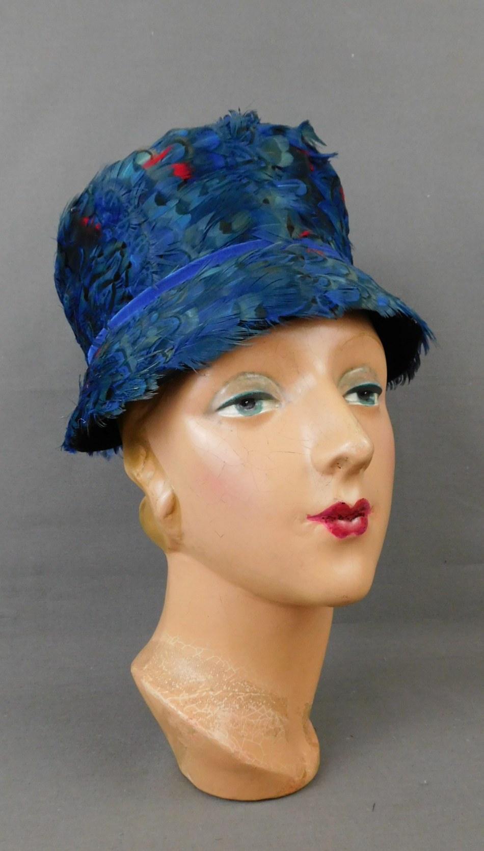 Vintage Blue Peasant Feather Bucket Hat 