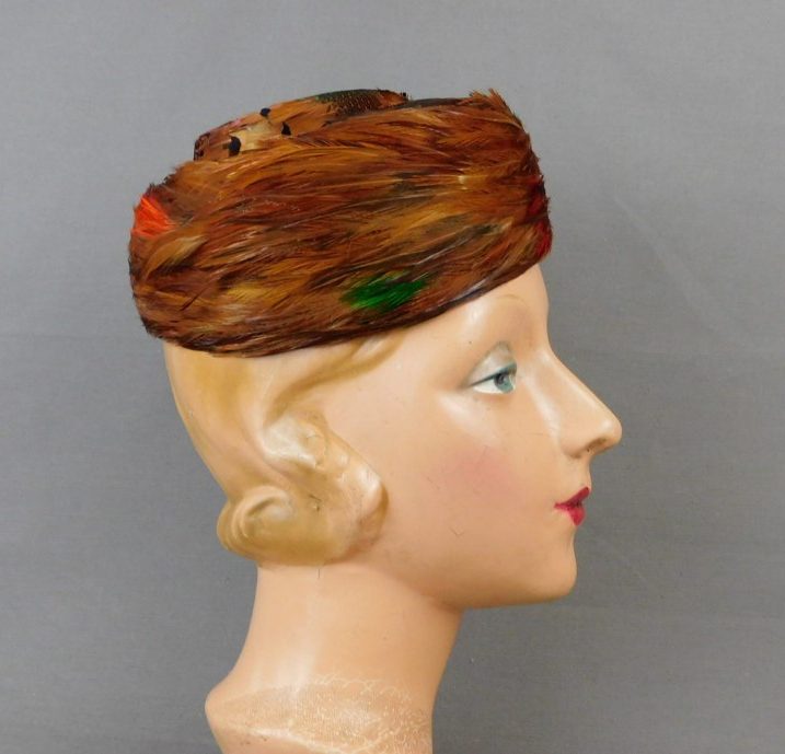 Vintage Brown Velvet & Feathers Hat 1960s, 22 to 23 inch head