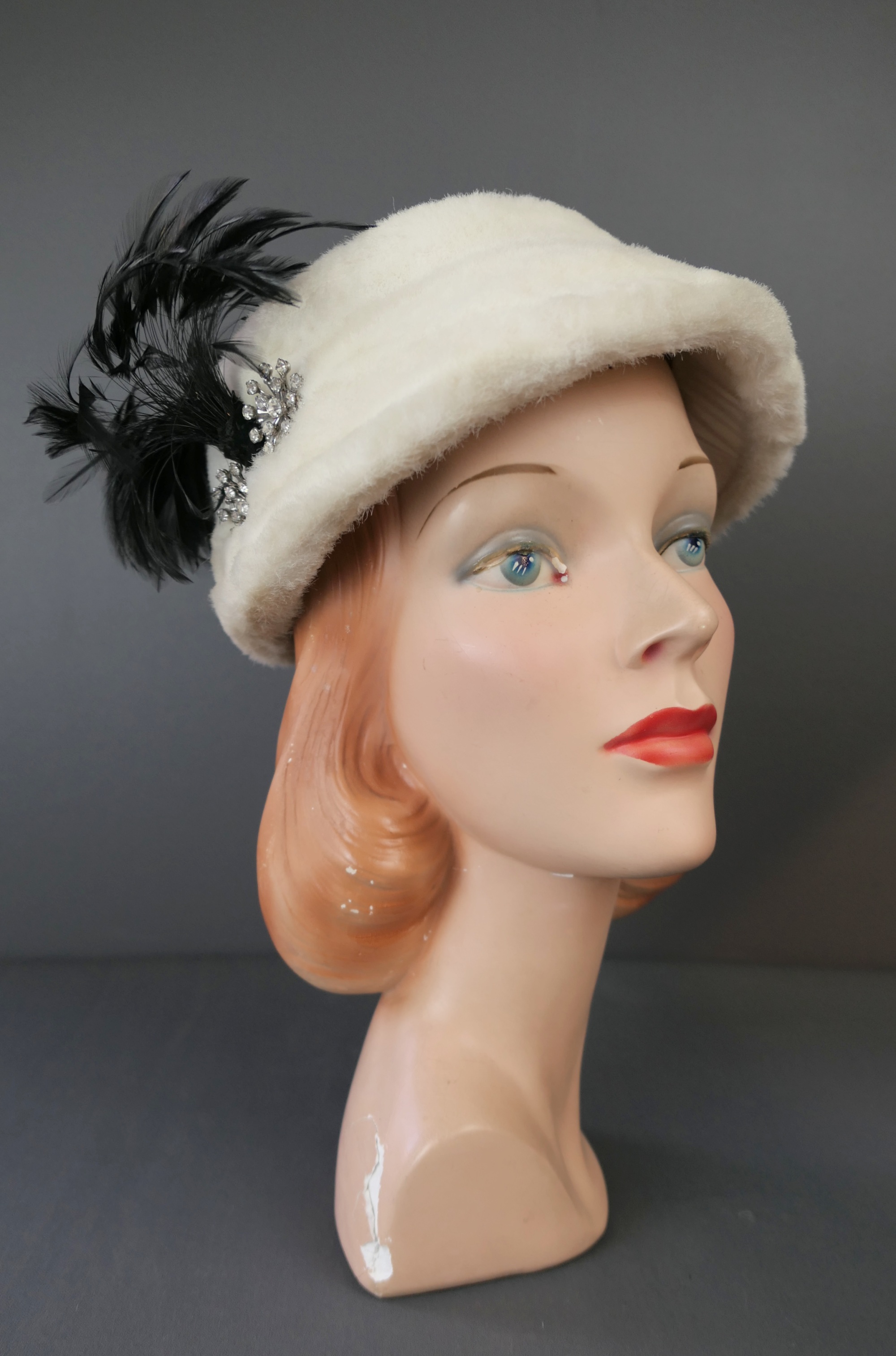 Vintage White Faux Fur Hat with Black Feathers and Rhinestones, 1950s, 21 inch head