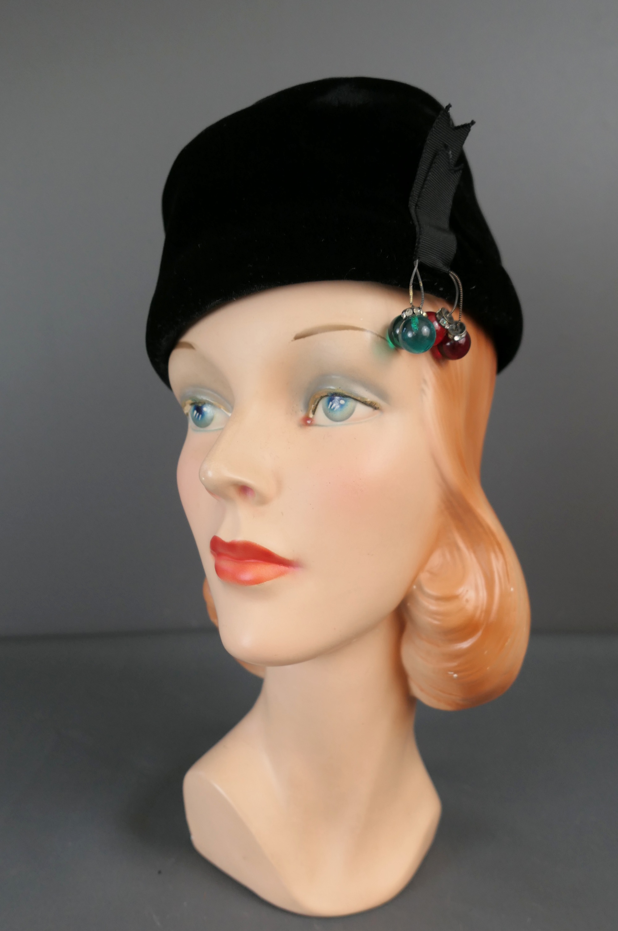 Vintage Hat Black Velvet Toque with Red & Green Christmas Ornaments