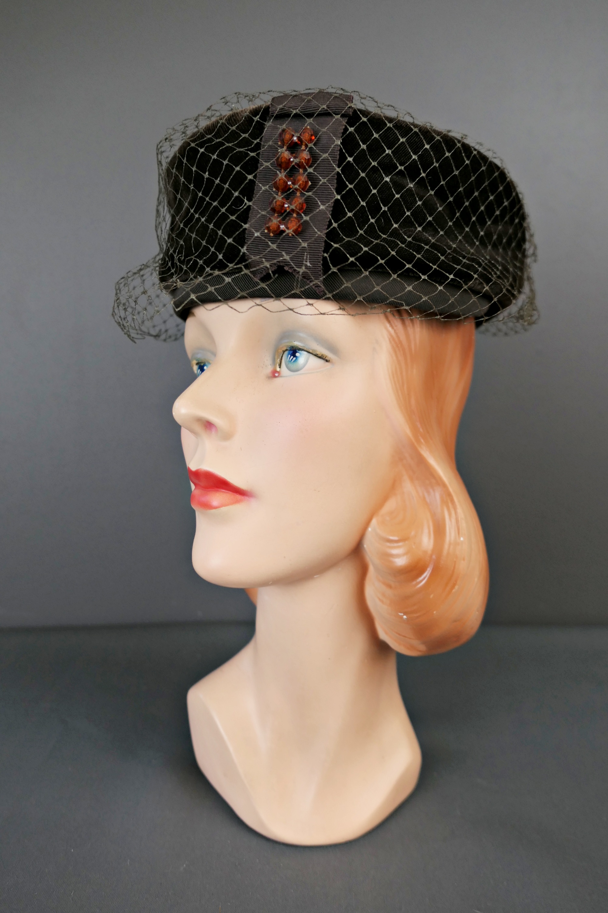 Vintage Brown velvet Hat with Beads and Veil, 1960s Evening