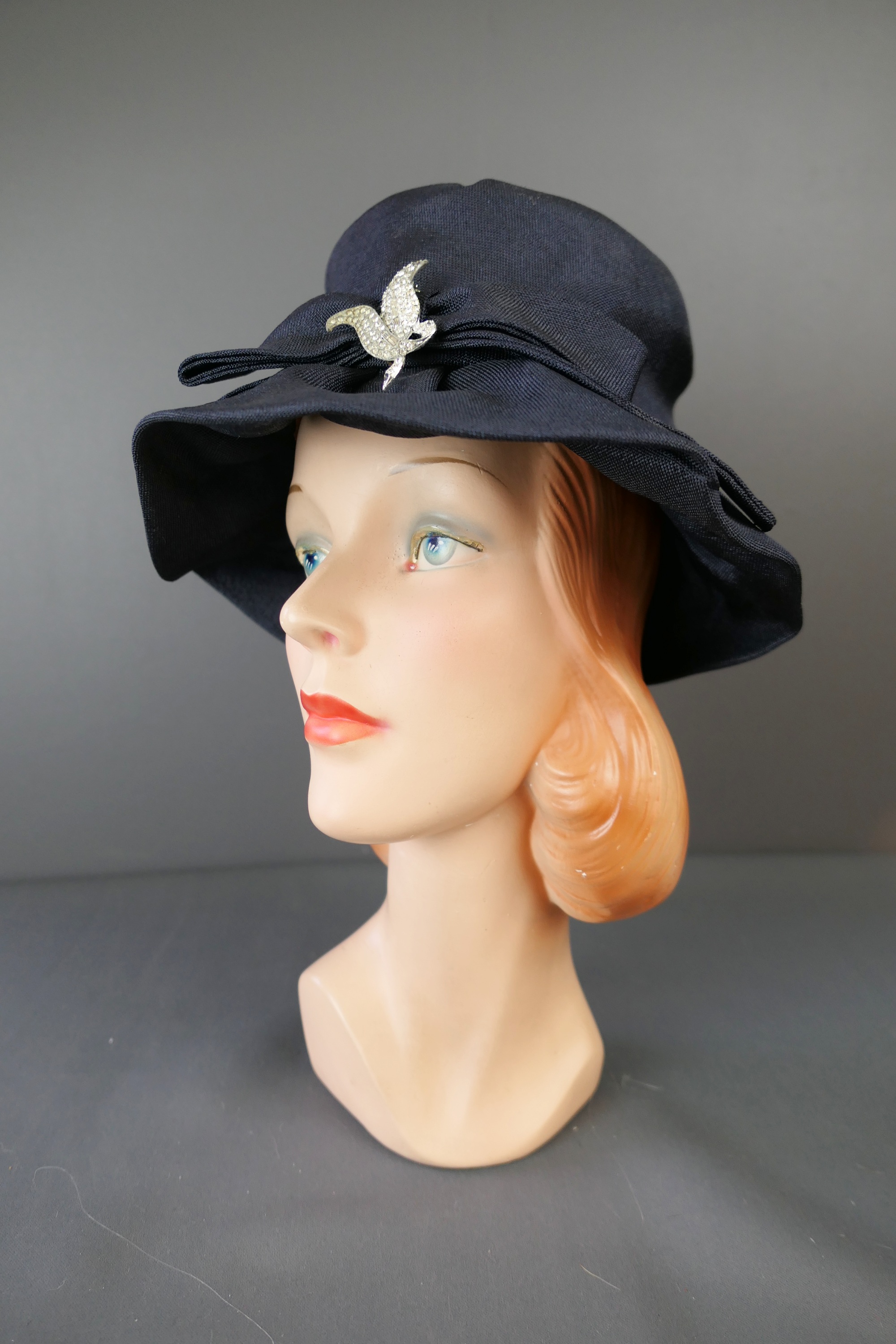 Vintage Navy Rhinestone brooch Hat, 1960s Straw Fabric, 21 inch head