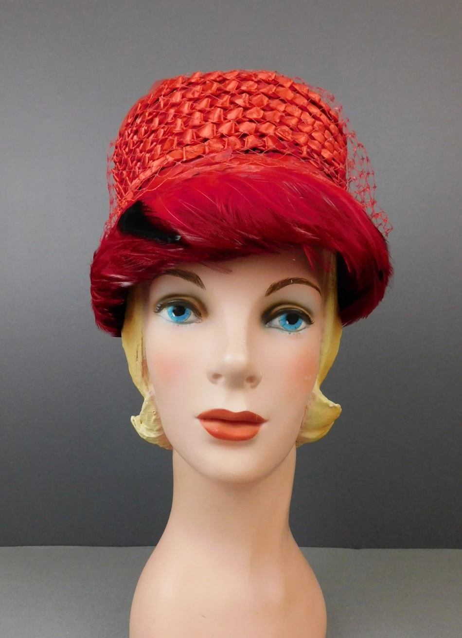 Vintage Red Straw Floral & Feathers Hat 1960s Valerie Modes  display picture 3