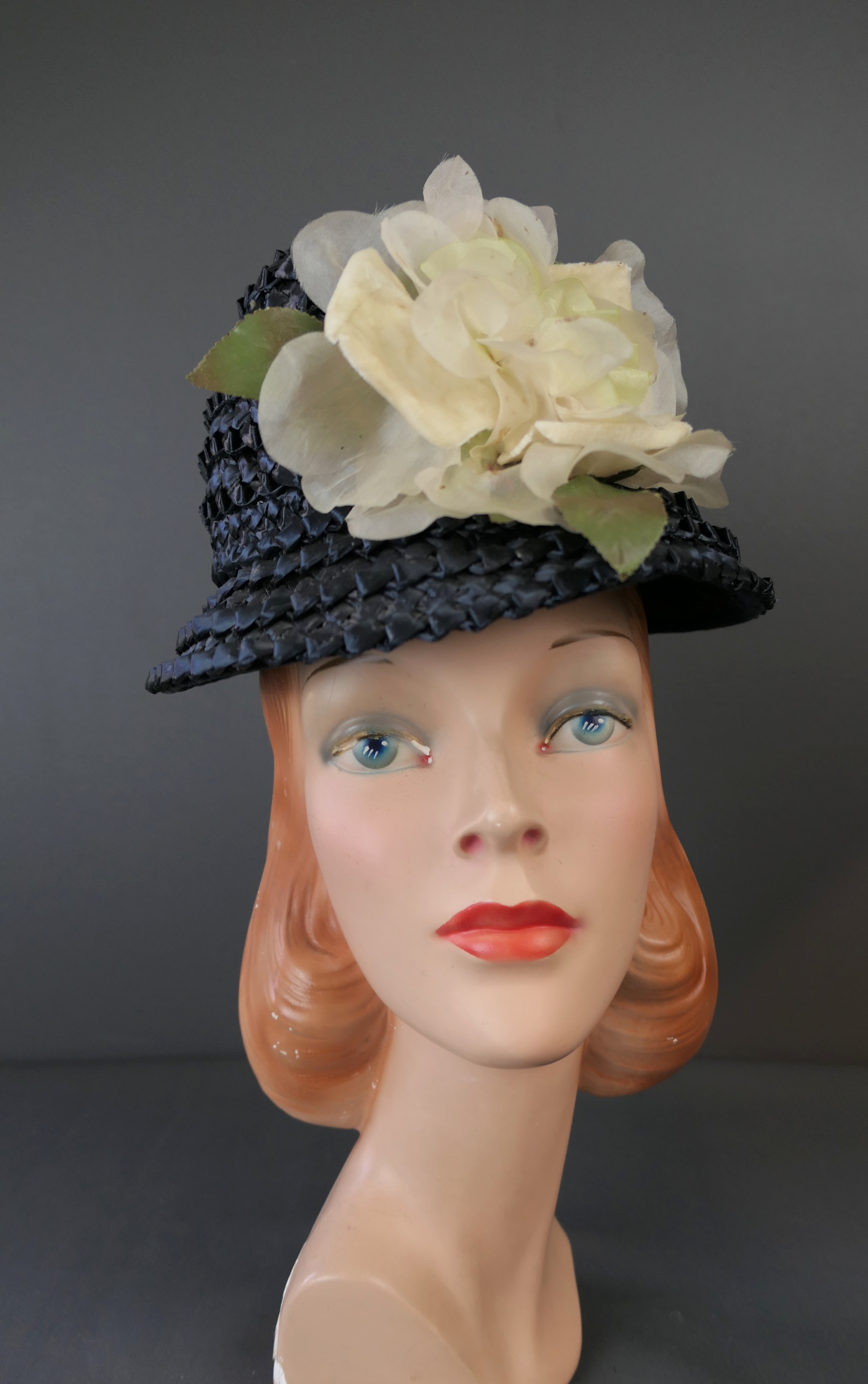 Vintage Tall Dark Blue Straw Hat with Ivory Flowers, 1960s, 21 inch head, small