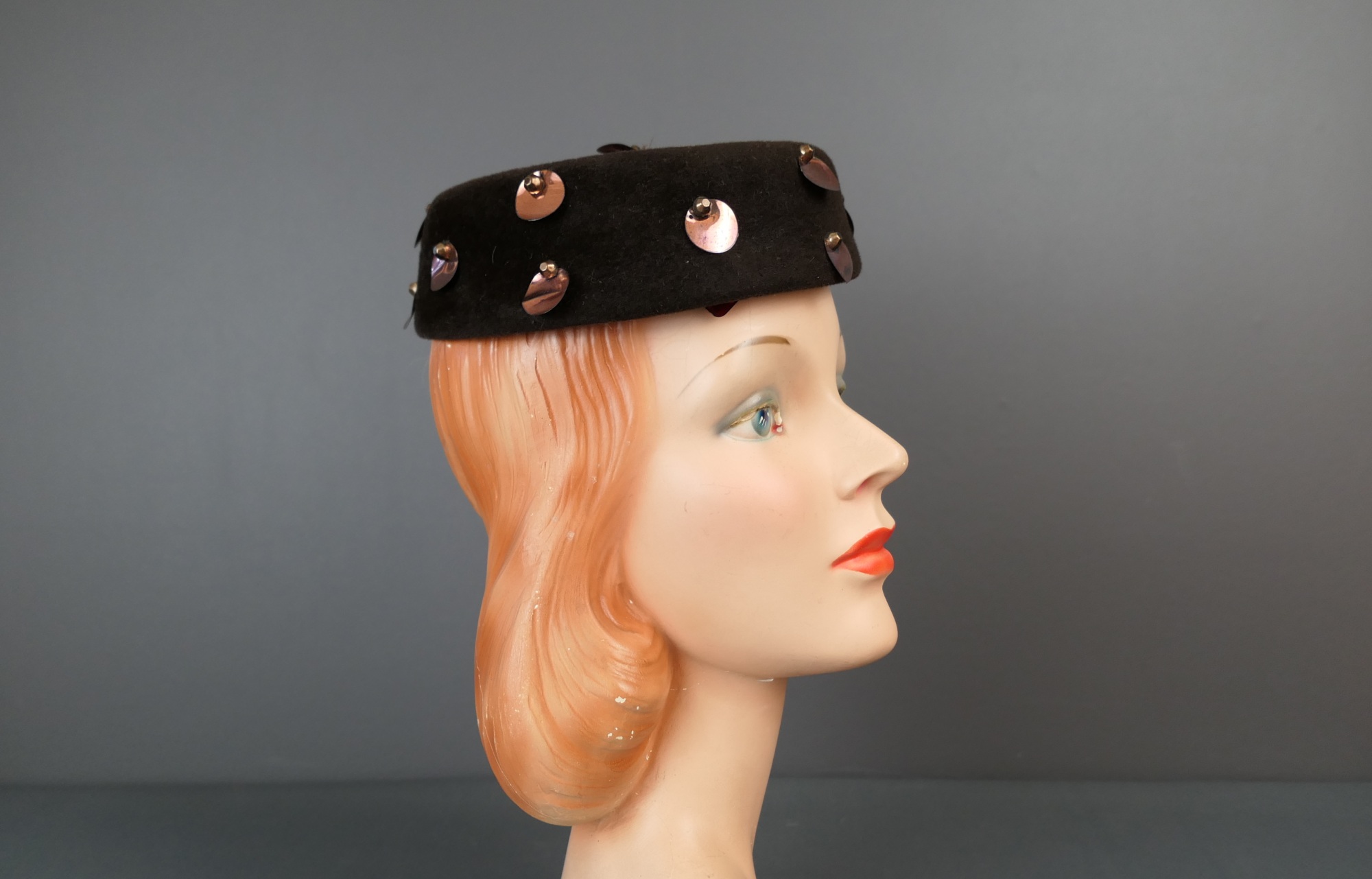 Vintage Brown Spangle Velour Hat with Veil, 1960s, 22 inch head Topper