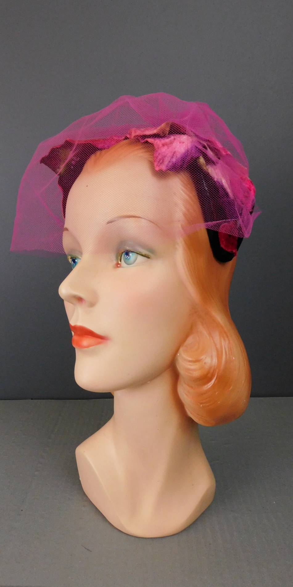 Vintage Dark Pink Velvet Flowers Hat with Netting, Black Velvet Base, 1960, 21 inch head