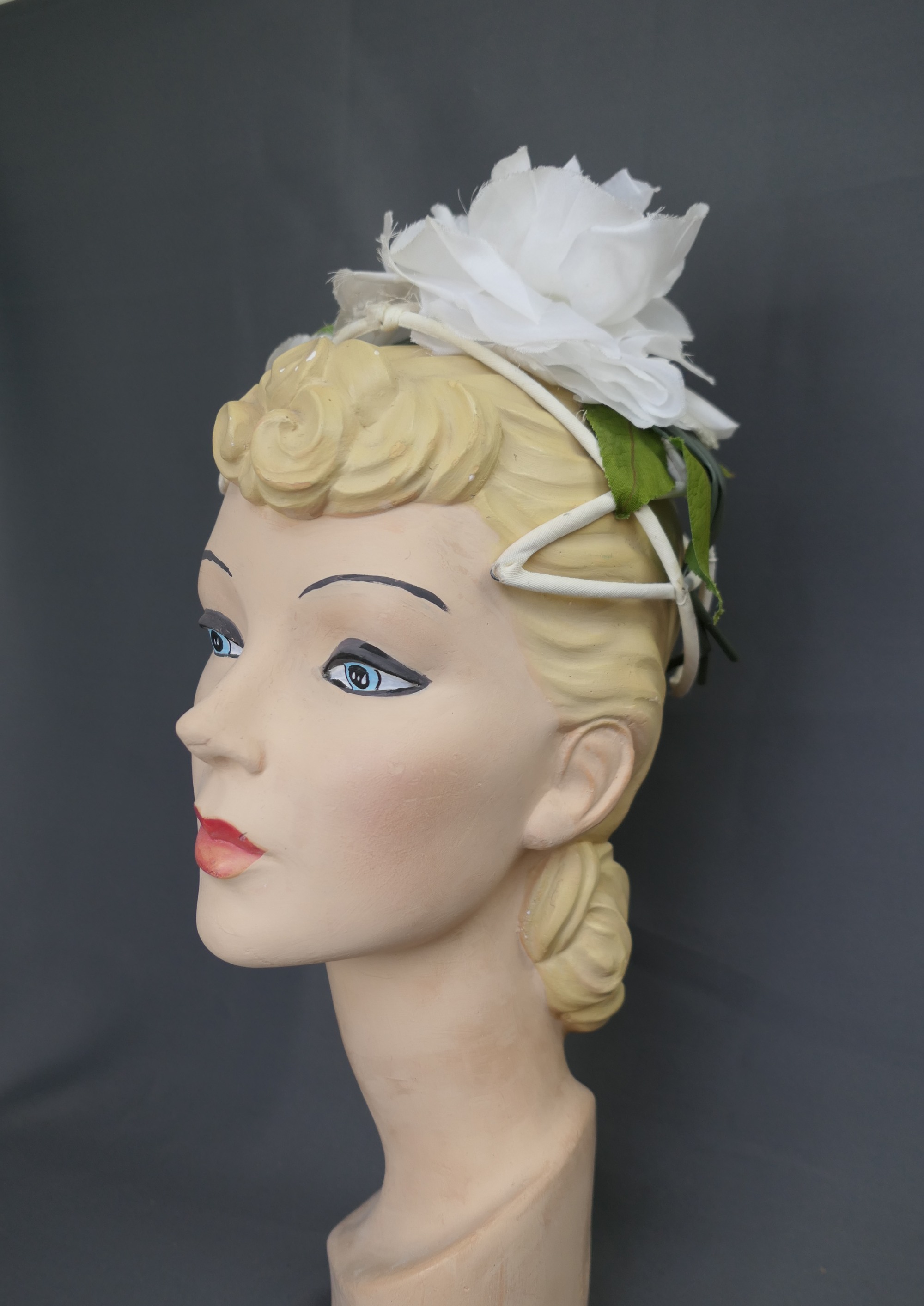 Vintage White Rose Cage Hat with Open Frame, 1960s Wedding Crown
