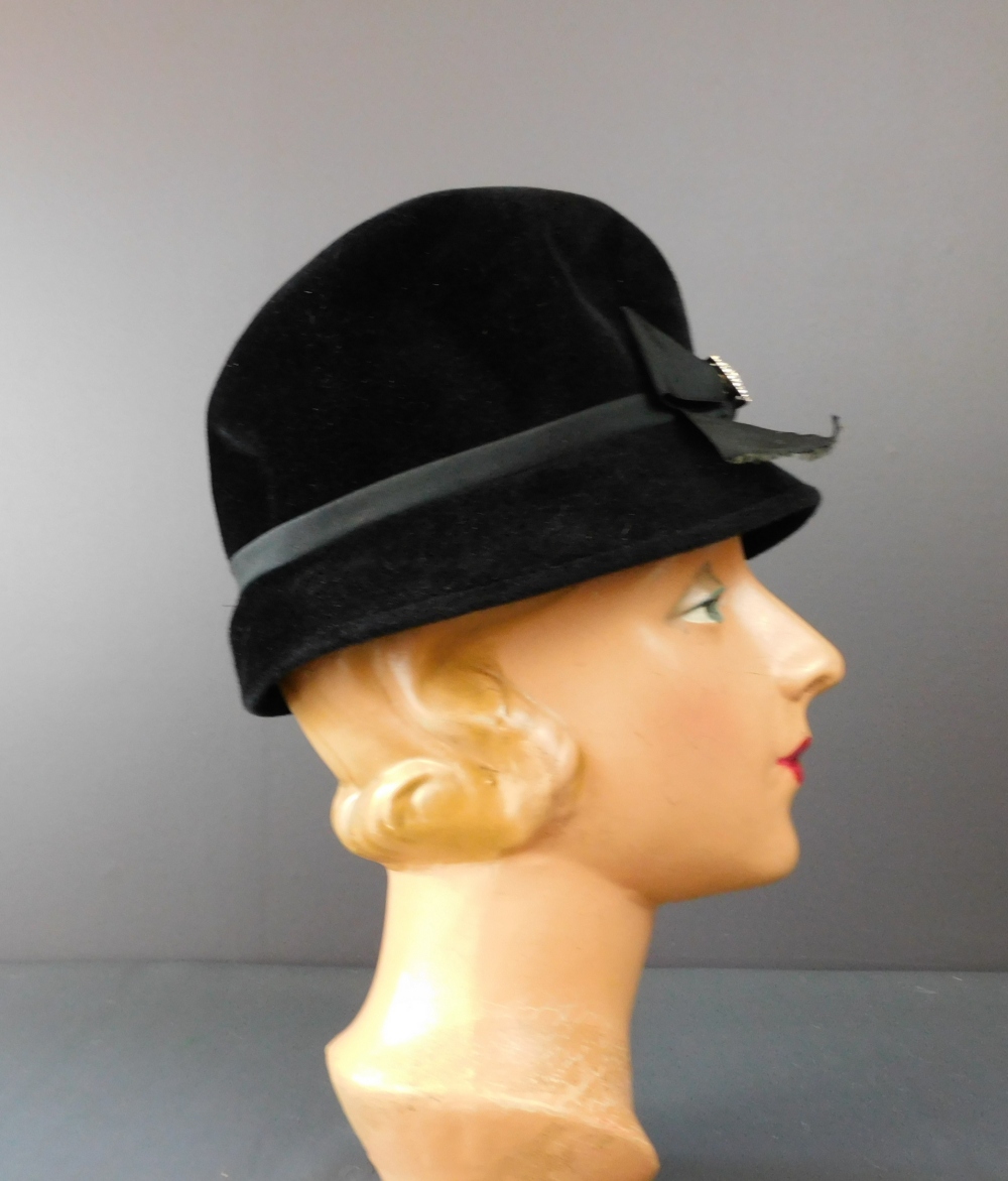 Vintage Black Plush Velour Hat, Tall 1960s with Ribbon and
