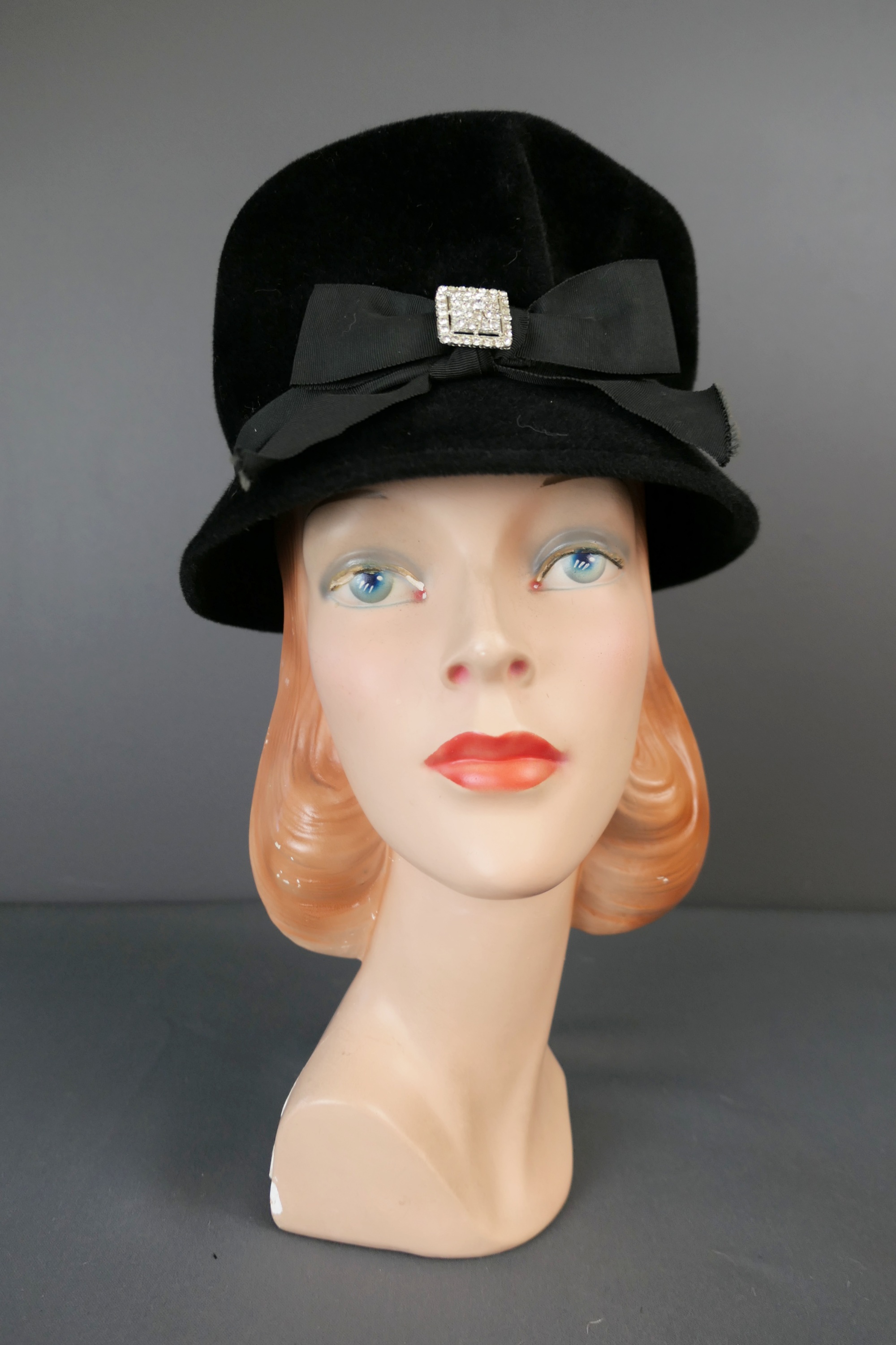 Vintage Black Plush Velour Hat, Tall 1960s with Ribbon and Rhinestone Decor, 21 inch head, Karen Design