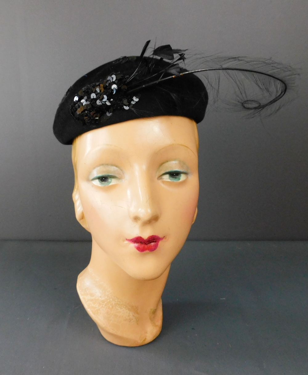 Vintage 1940s Black Sequin & Feather Hat, 21 inch Topper Evening Polka Dots