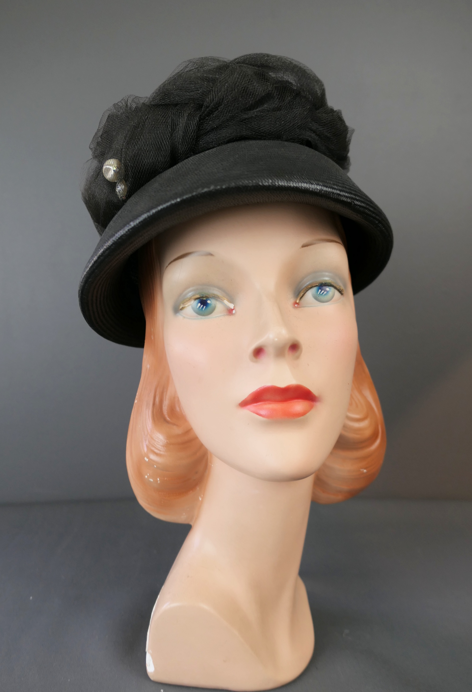 Vintage 1960s Black Straw Hat with Tulle, Mary Lorene, 21 inch head