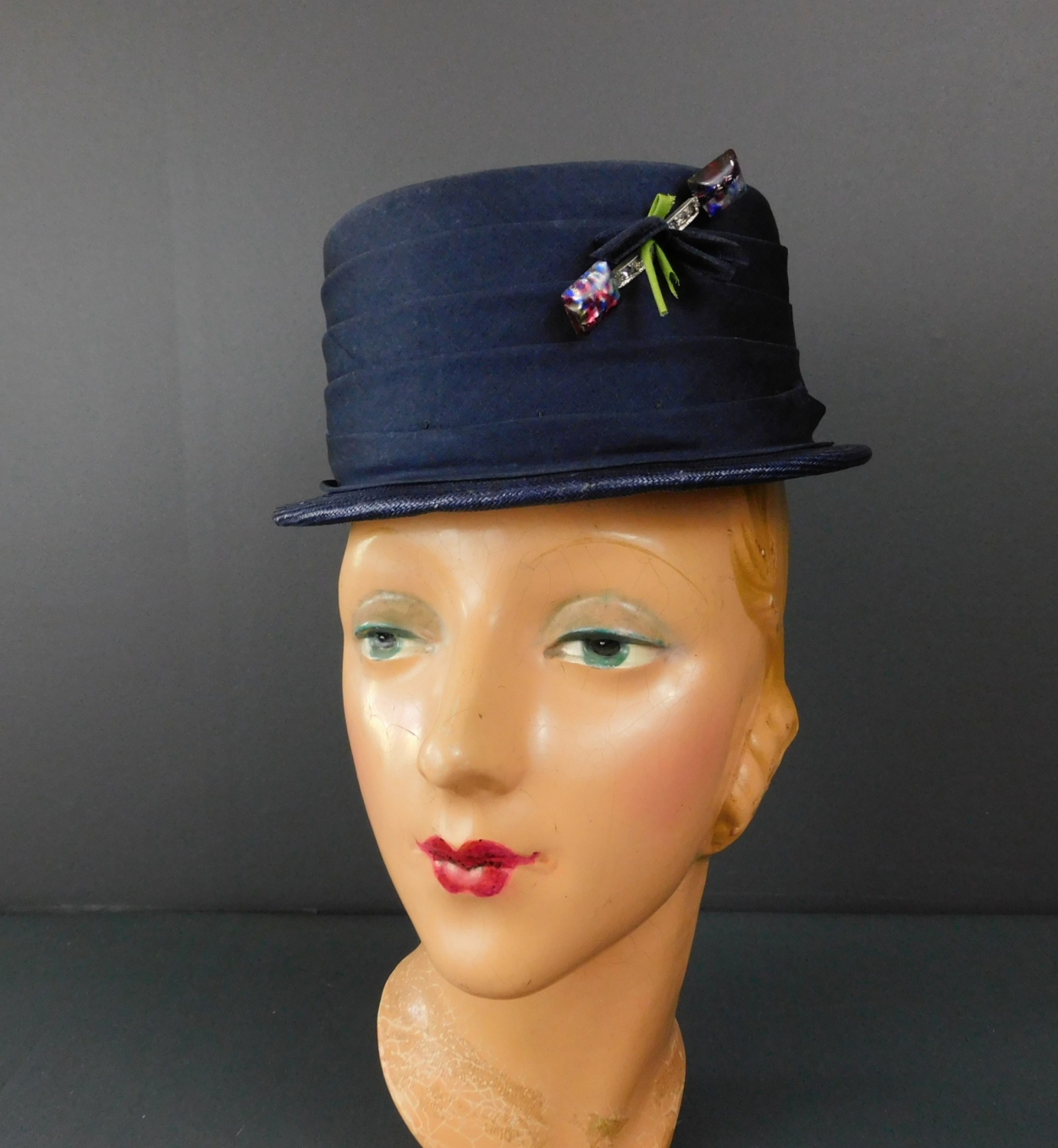 Vintage Dark Blue Organdy and Straw Hat with Brooch, 1960s  display picture 2