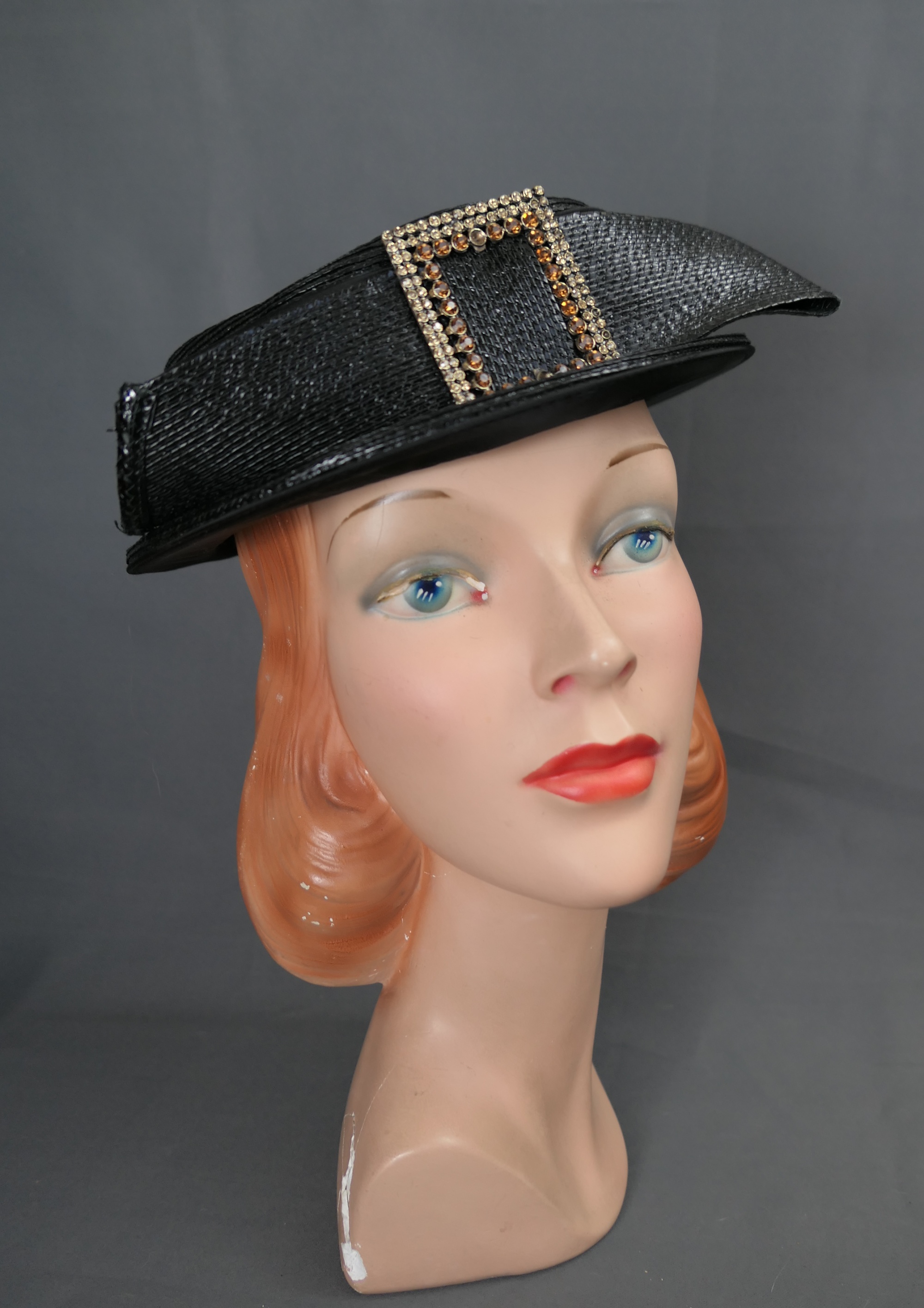 Vintage Black Straw Tilt Hat with Rhinestone Buckle and Straw Bow, 1960s, 21 inch head