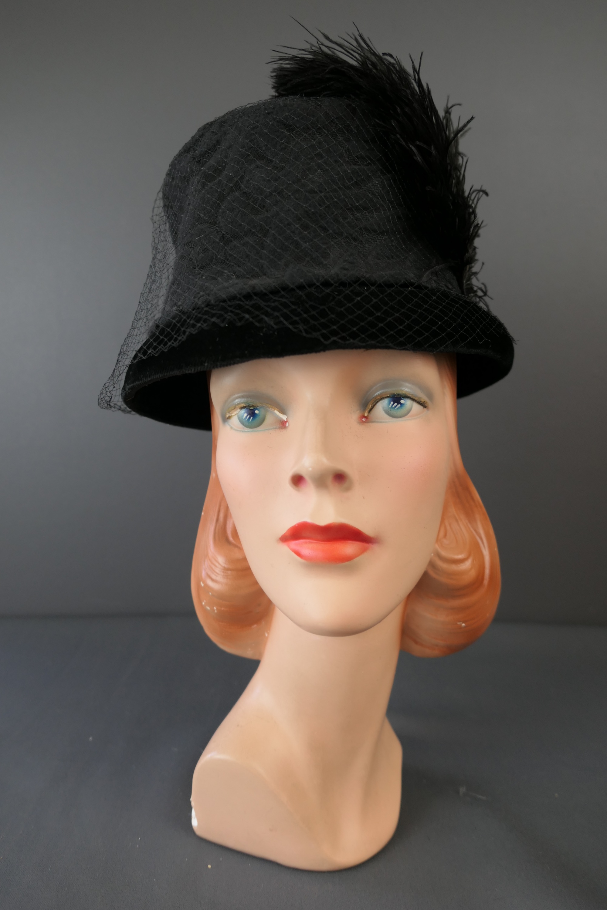 Vintage Black Hat with Velvet Brim, Floral Brocade, Feather and Netting, 1960s, 22 inch head