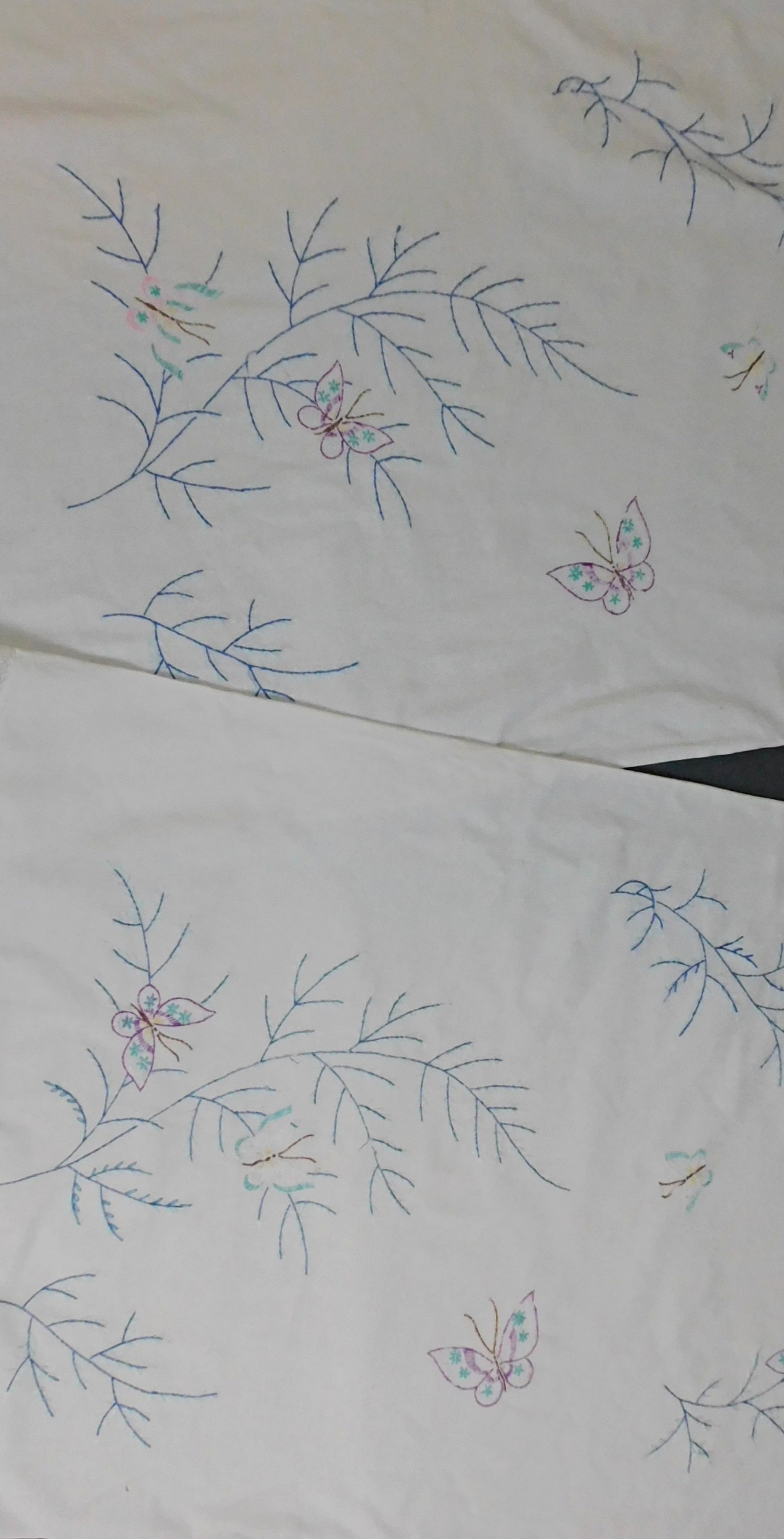 Vintage Embroidered Butterflies Pillowcases, 1950s, handmade cotton with Crochet Lace