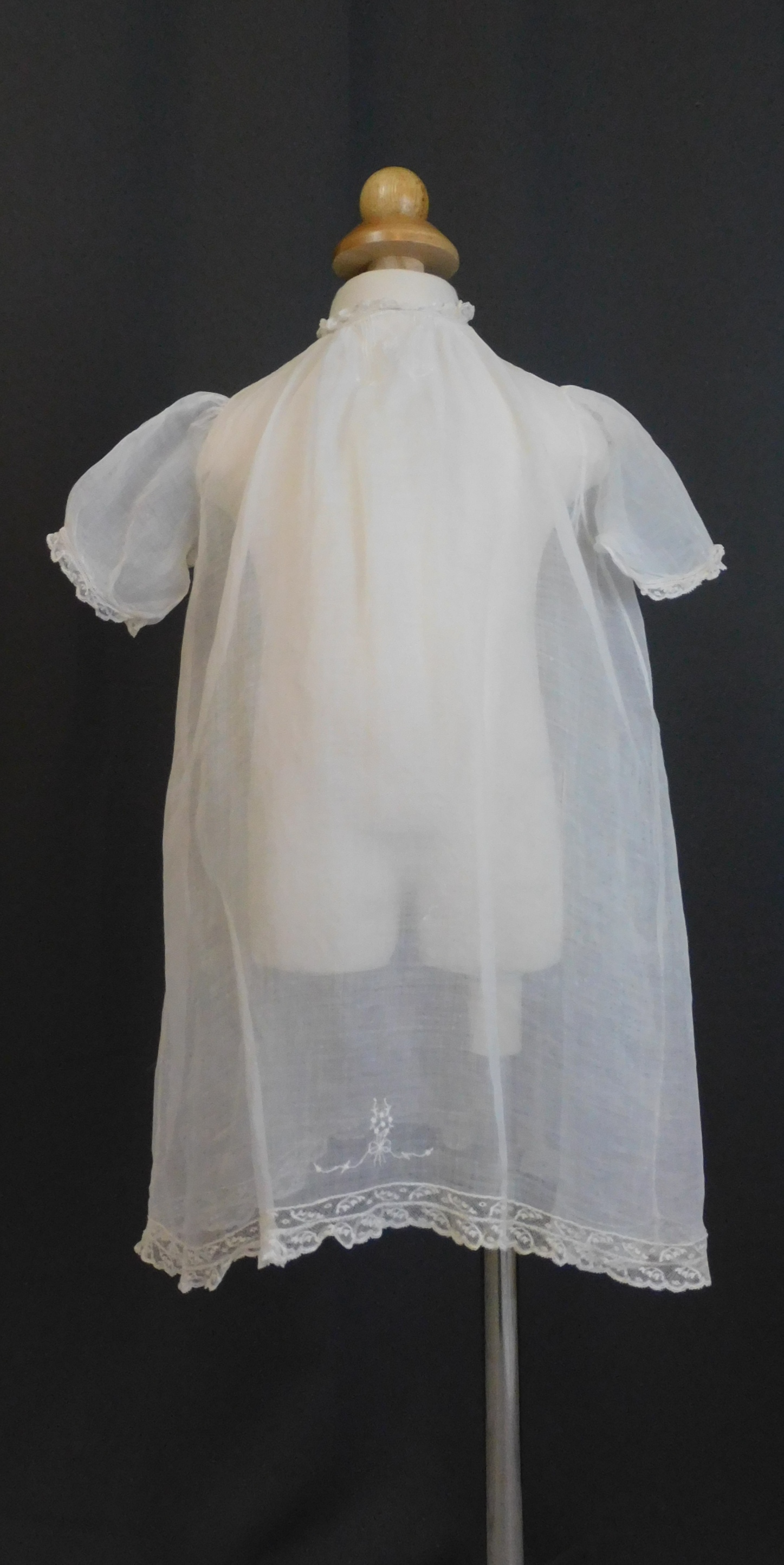 Vintage Sheer Cotton Baby Infant Gown, 1930s, 19 inches long, 24 inch chest, all hand sewn, embroidered bows, large doll