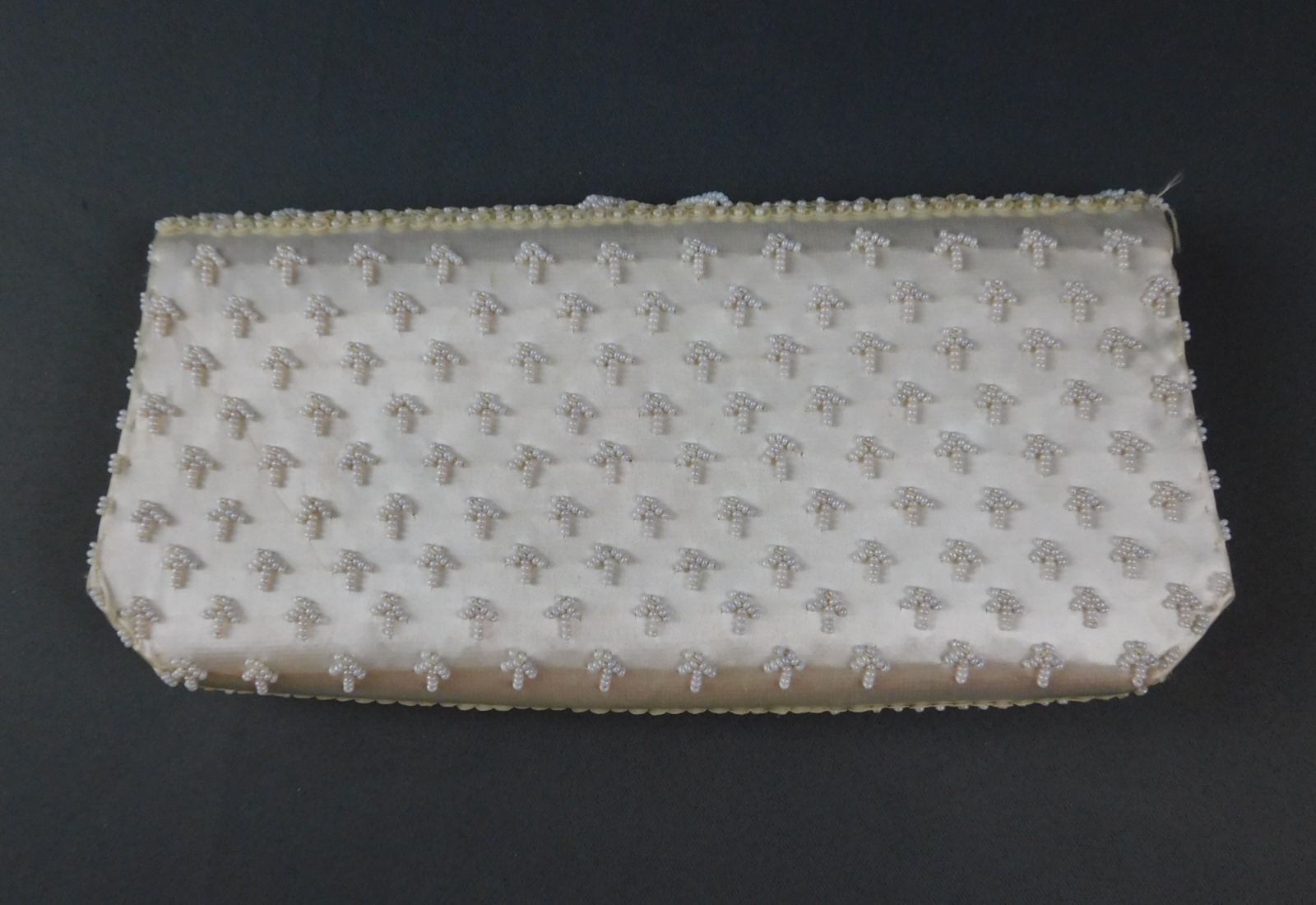 Vintage White Beaded & Ivory Satin Clutch Purse, 1960s Sequins