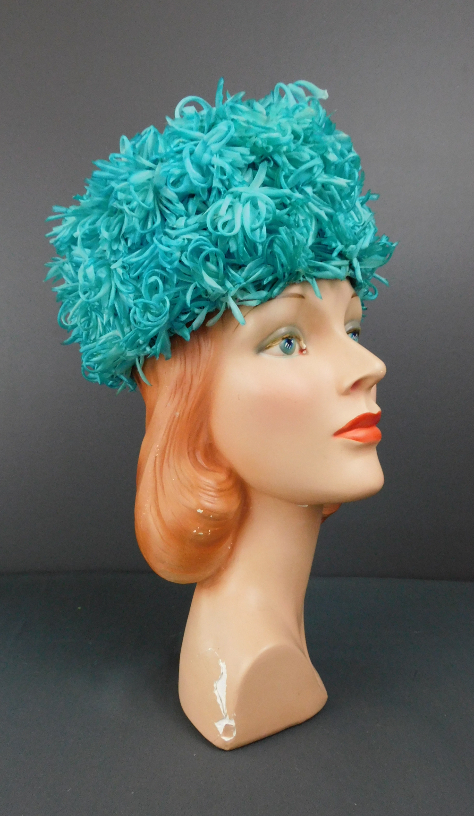 Vintage Tall Turquoise Hat, Floral Loops, 1960s 21 inch head