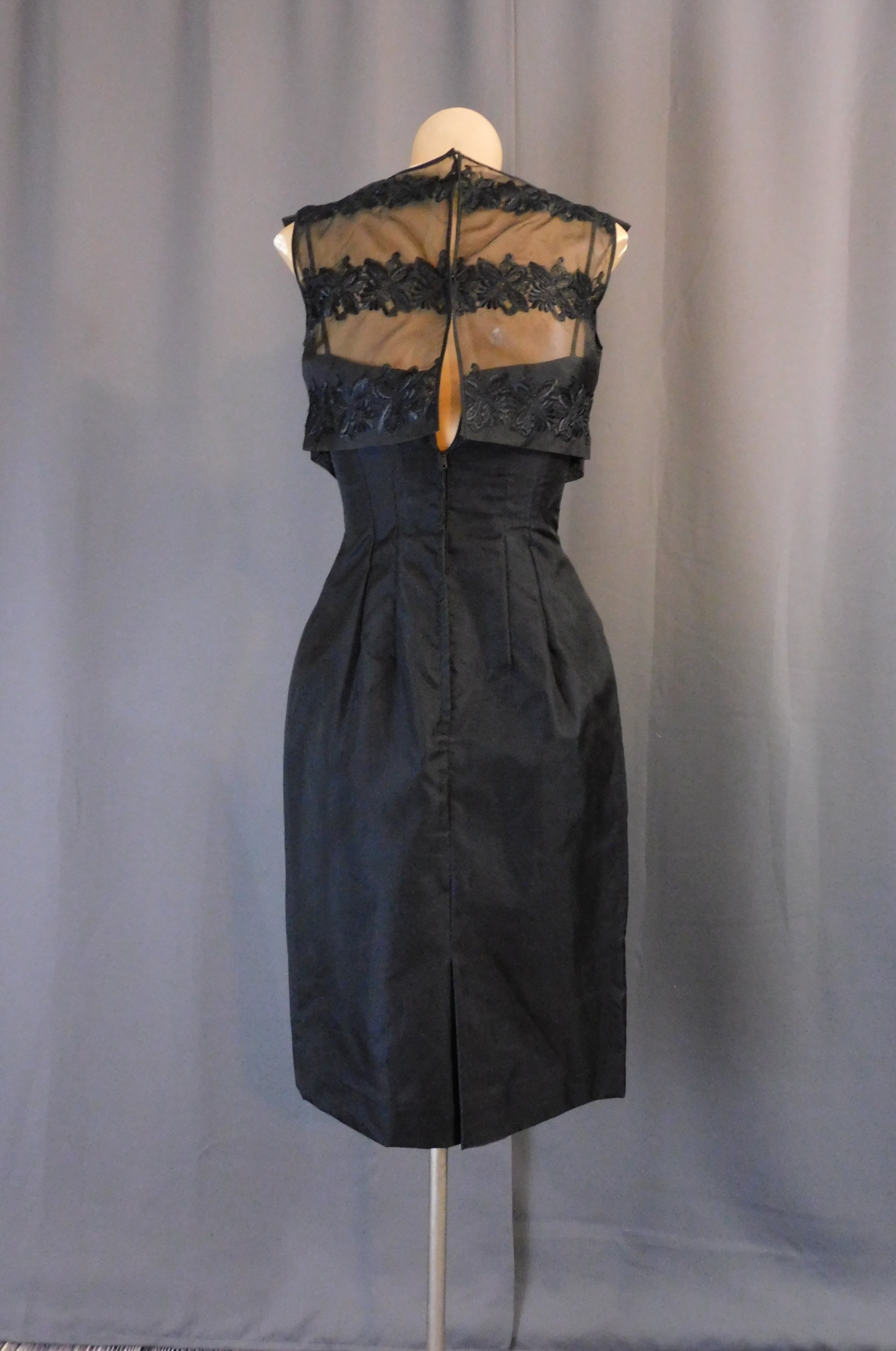 Vintage Black Strappy Evening Dress with Embroidered Sheer Top