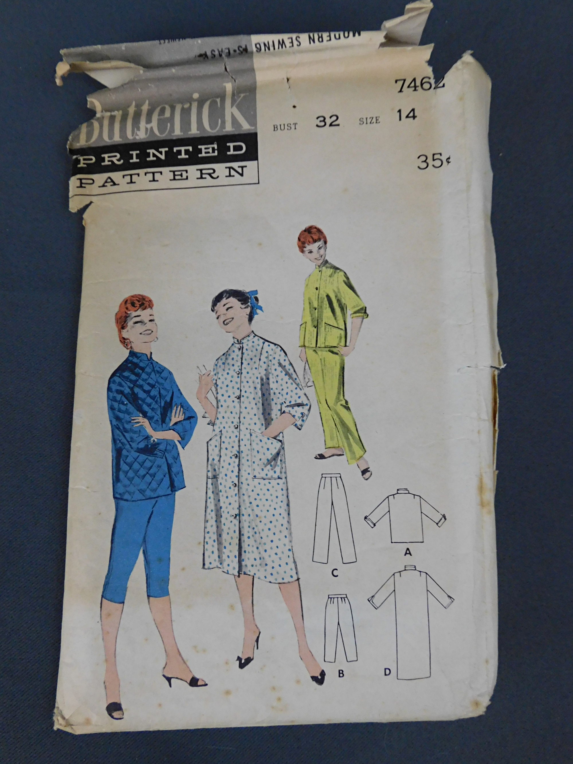Vintage 1950s Lounge Pajamas with Long or Short Pants and Robe Pattern,  Butterick 7462, 32 bust