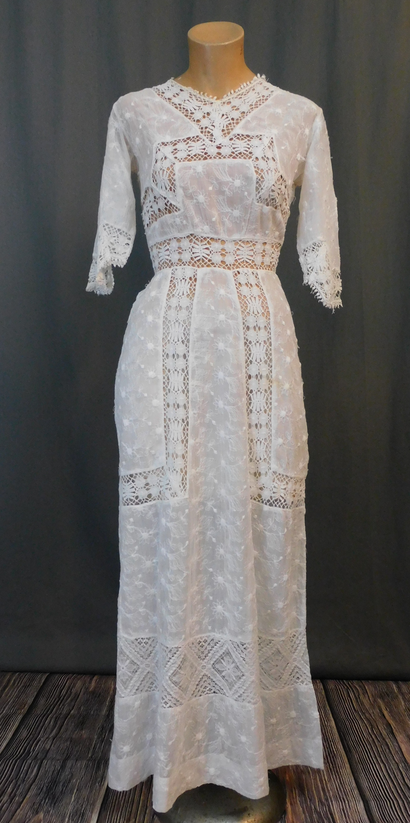Antique Embroidered Cotton & Lace Dress, Vintage 1900s, XS 30 inch bust, some issues