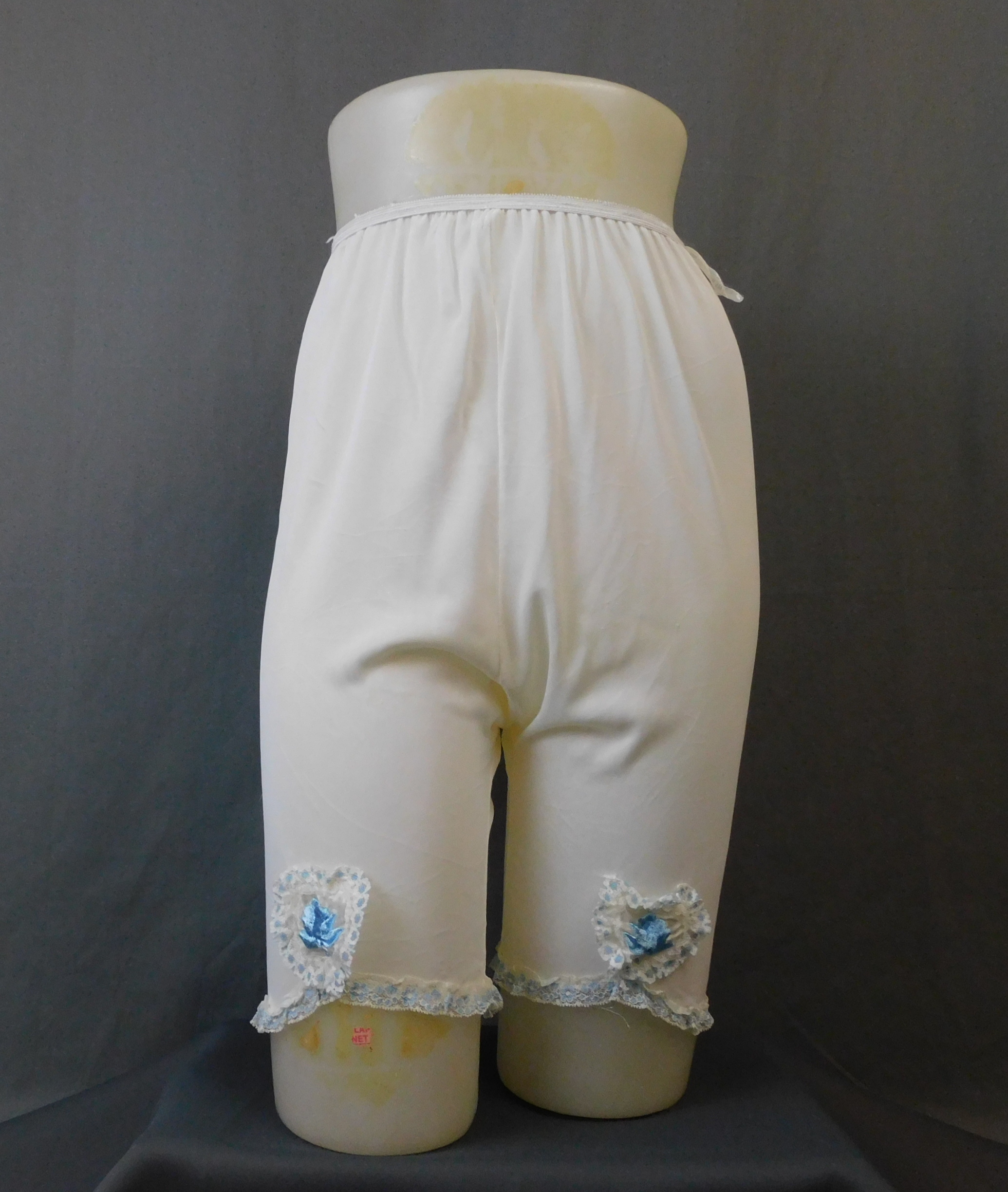 Vintage White Pettipants Panties with Blue Applique, Acetate size 7