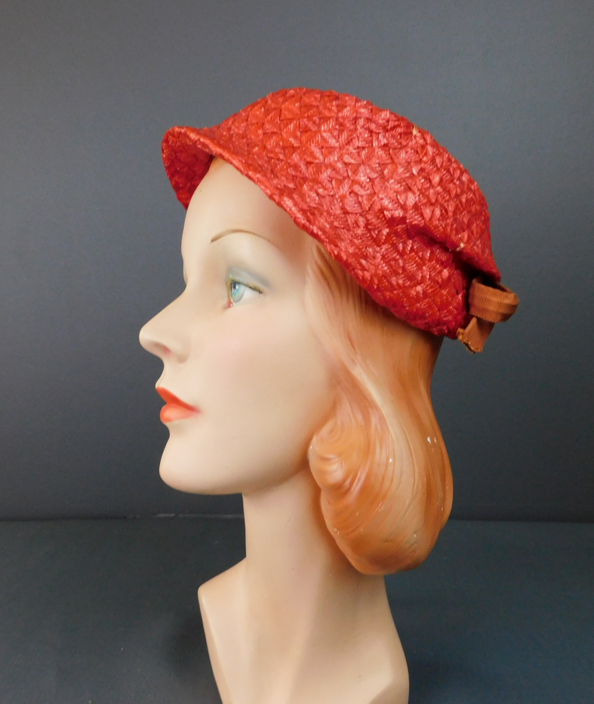 Vintage Red Straw Hat with Ribbon in the back, late 1940s