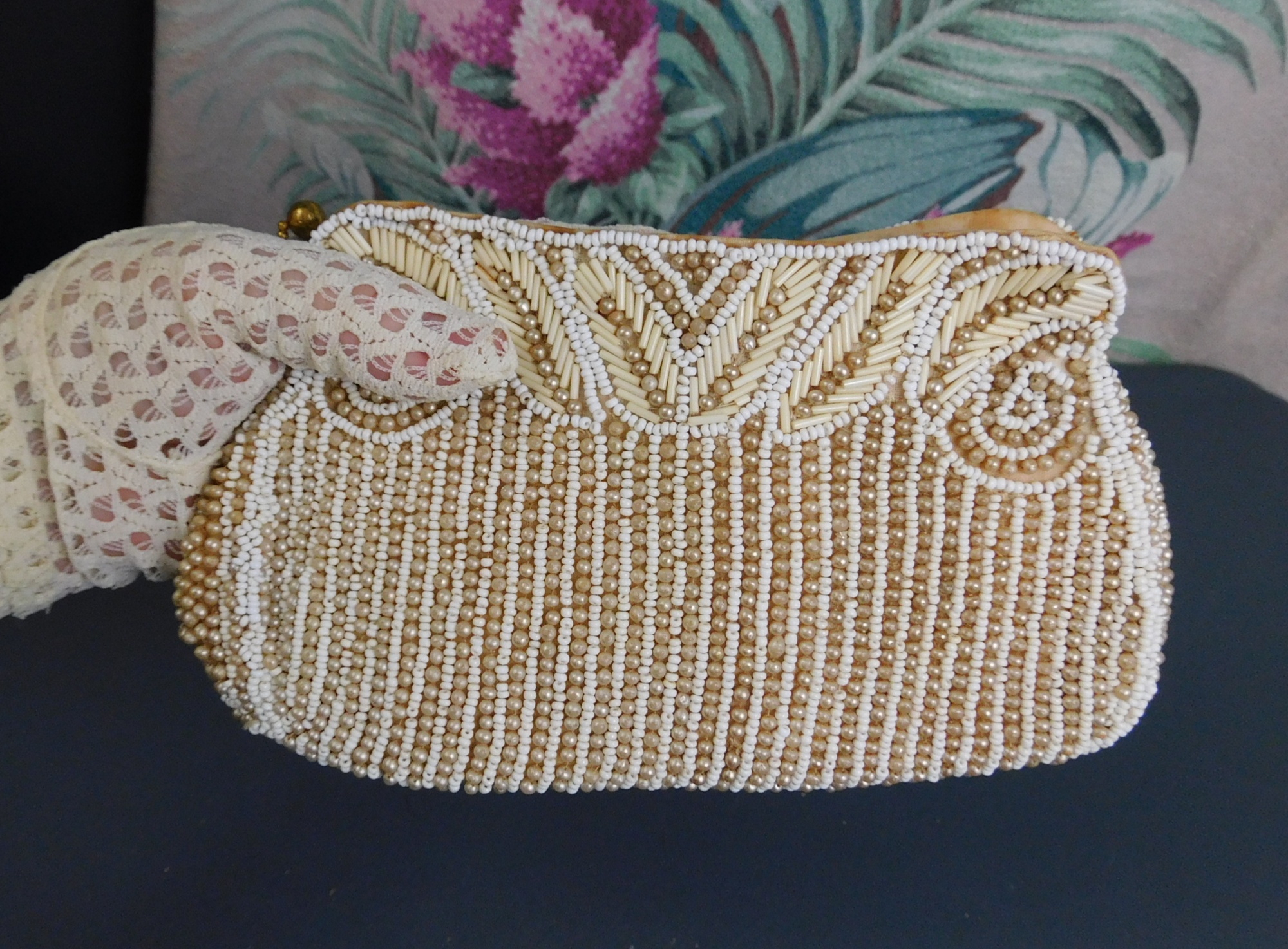 Small Vintage 1930s Beaded Clutch Purse, Evening Bag Beads & Faux