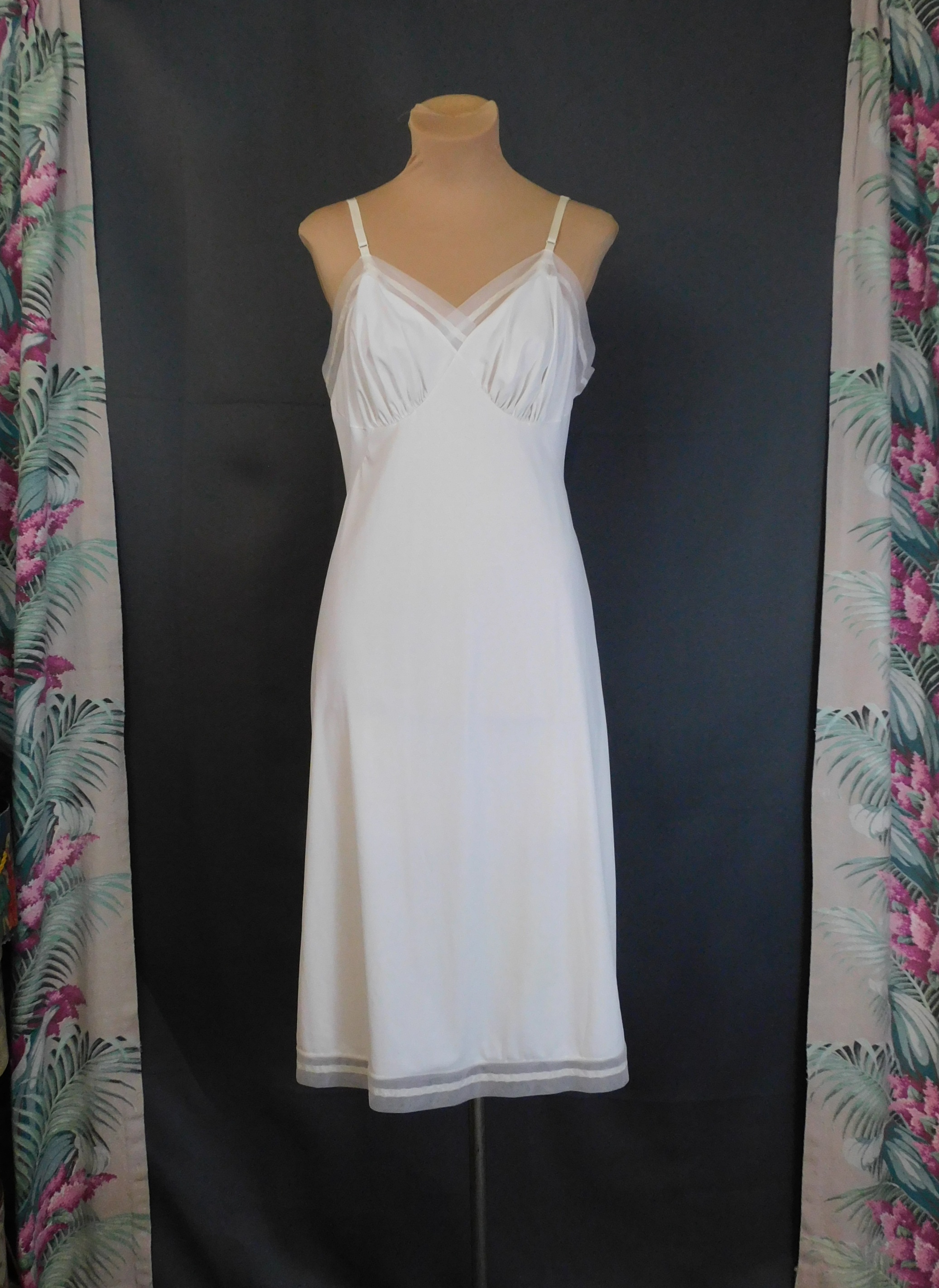 Vintage Vanity Fair Full Nylon Slip, White with Sheer Trim, 36