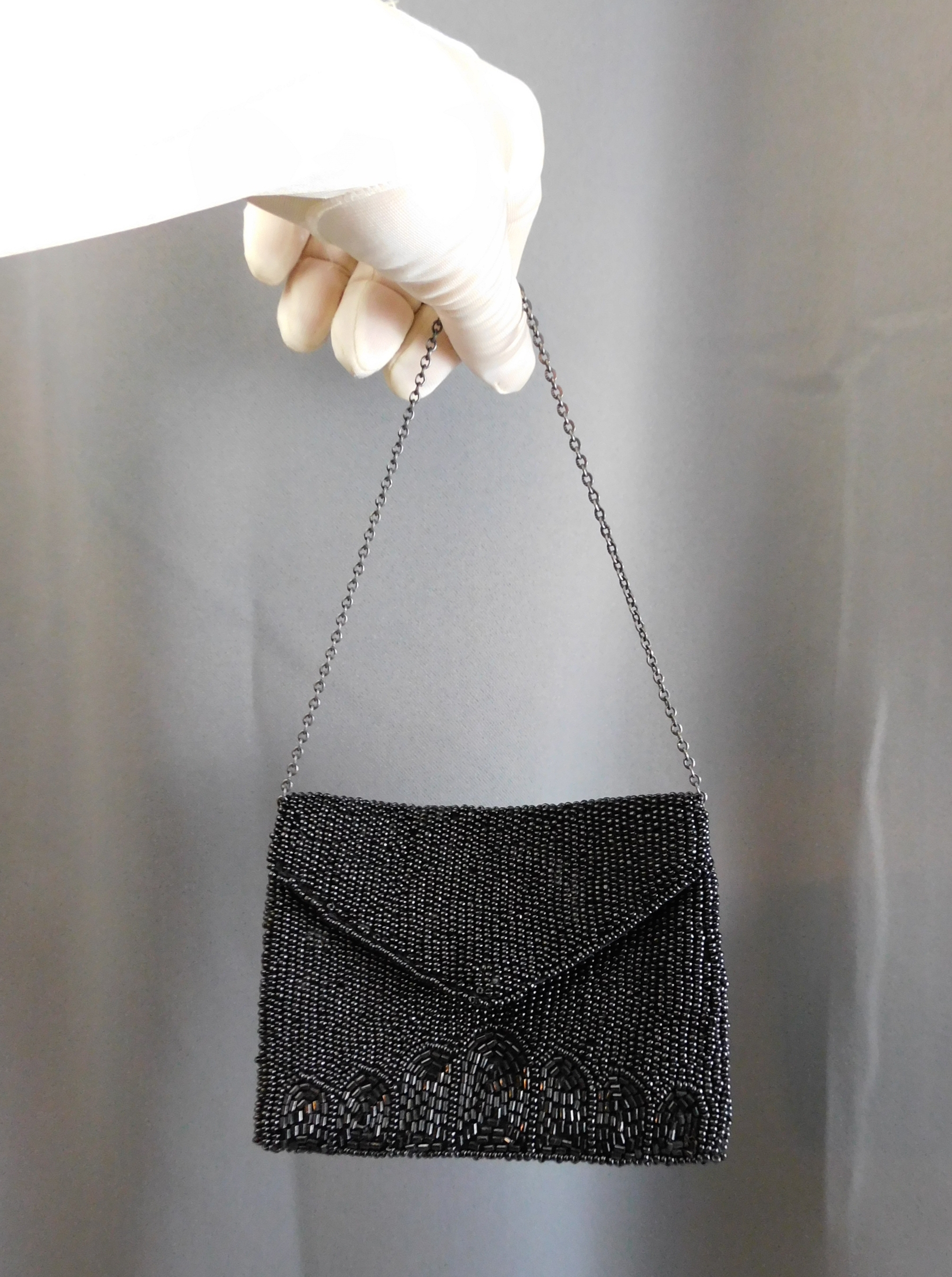 Vintage Small Black Beaded Evening Purse, 1980s Wrist Bag La Regale