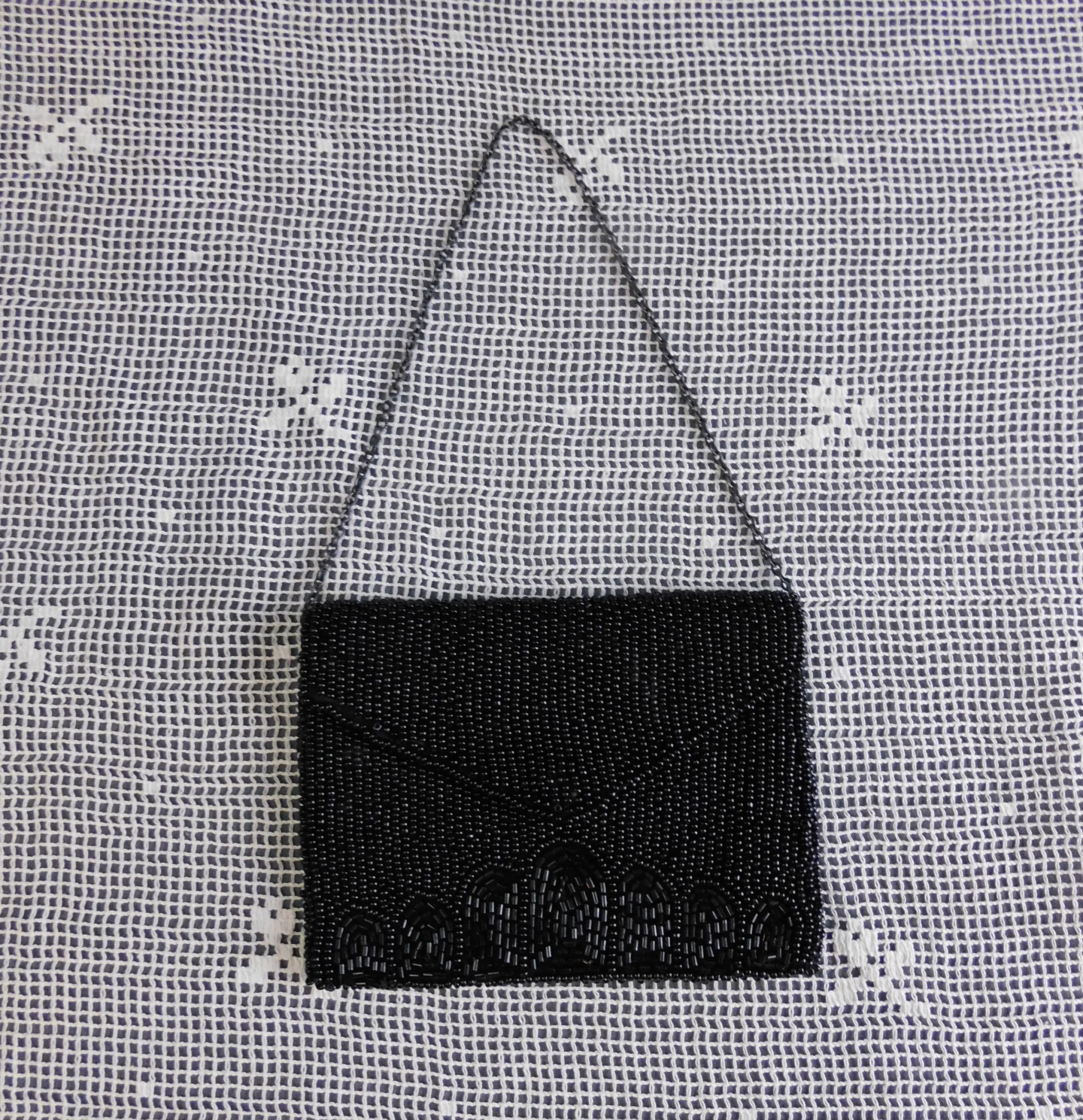 Vintage Small Black Beaded Evening Purse, 1980s Wrist Bag La Regale