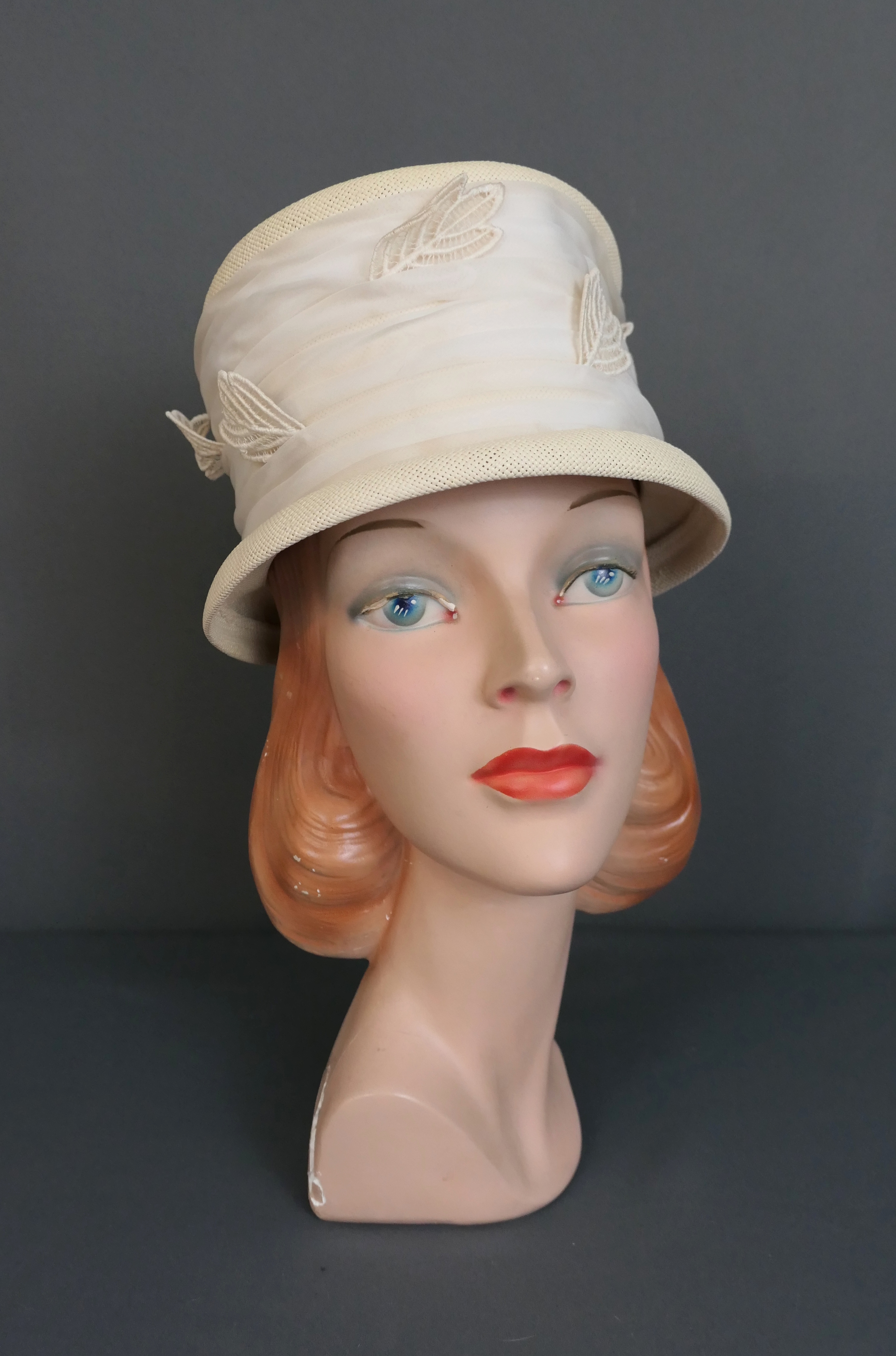 Vintage Ivory Straw Hat with Chiffon & Lace Leaves, 1960s, 21 inch head