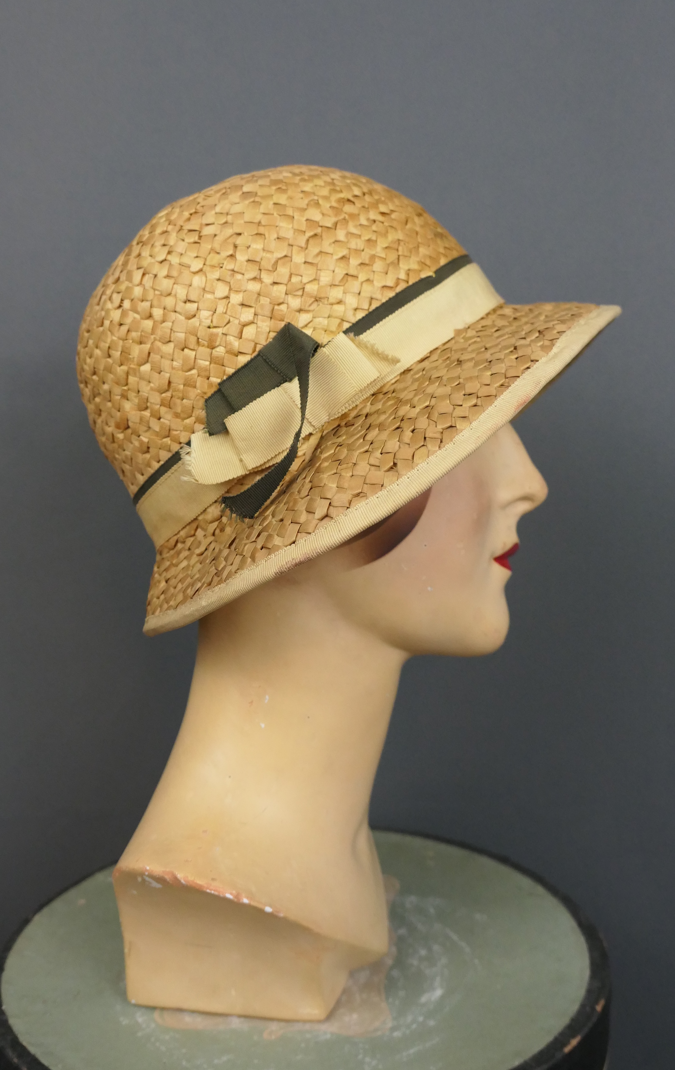 Vintage 1920s Straw Cloche Hat with Ribbon Trim, 21 inch head, some issues