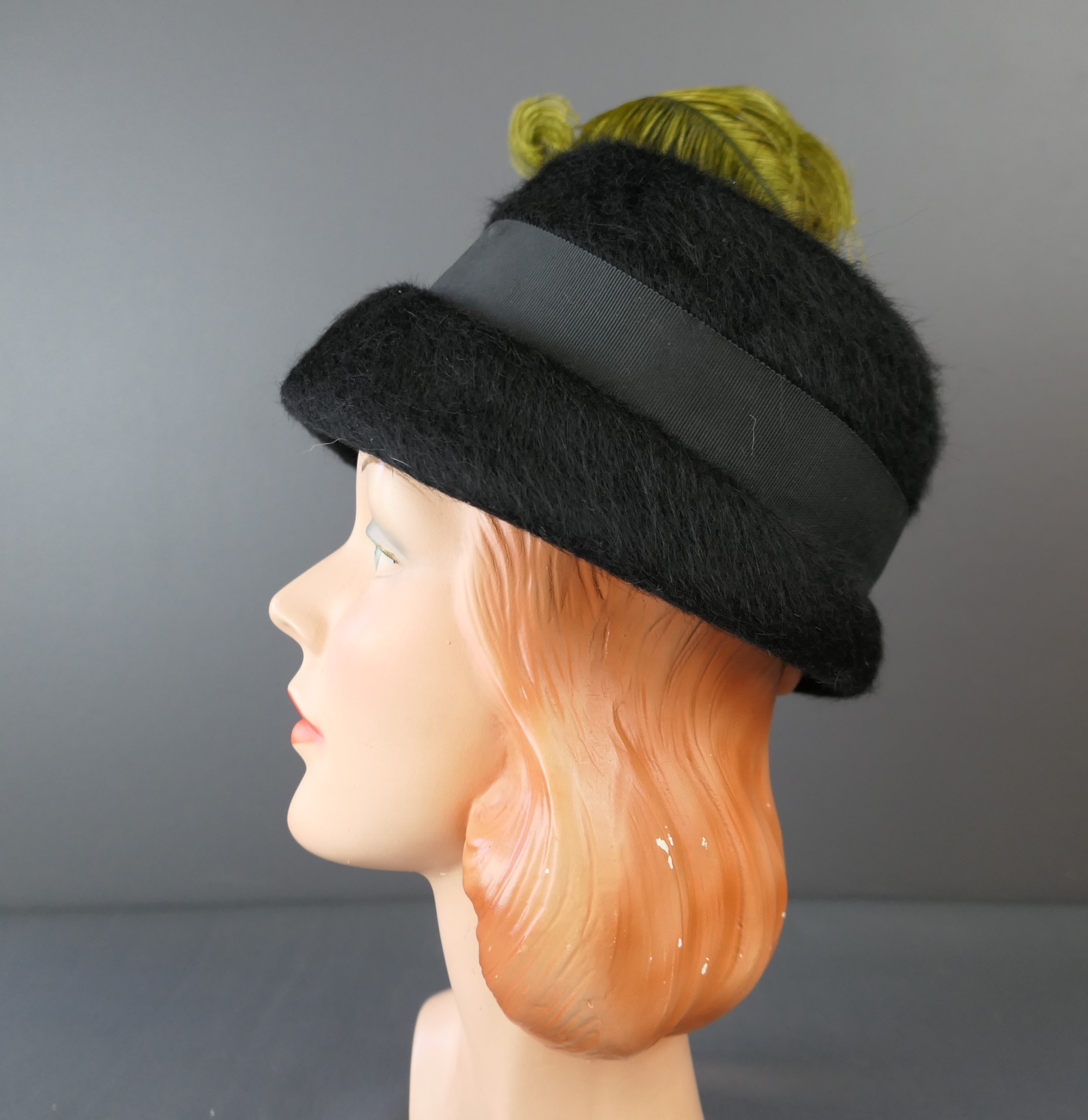 THE BON MARCH VINTAGE BLACK HAT FUZZY TEA HAT Vintage Black Fur Felted Half Hat, Tilt Hat, Vintage Hat  main image 3