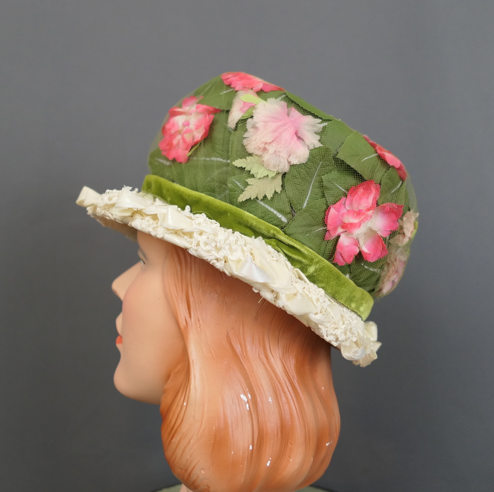 Vintage Pink Flowers Under Tulle Hat with Green Leaves, Velvet & Straw, 21  inch head