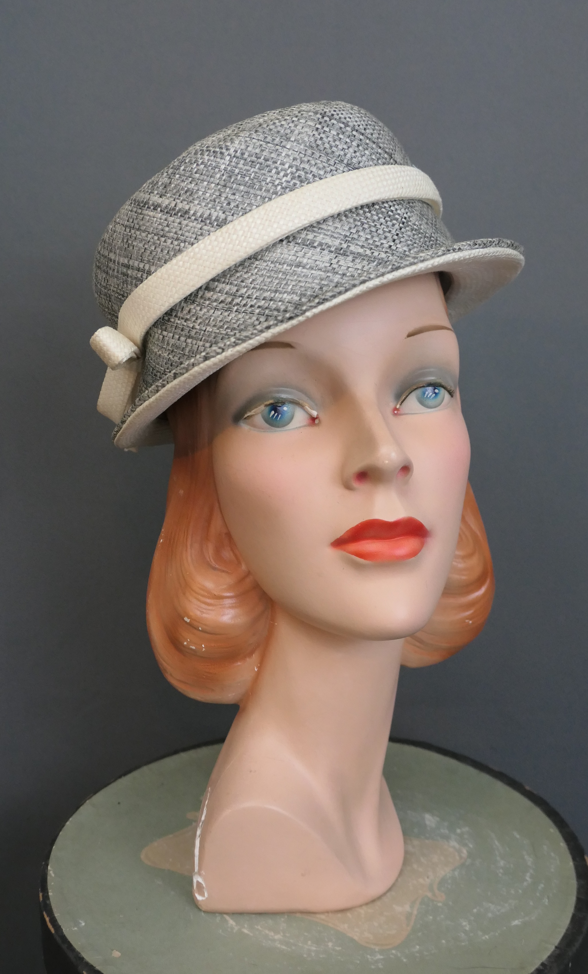 Vintage Grey & Ivory Straw Hat 1960s, Mr. Arnold, 21 inch head