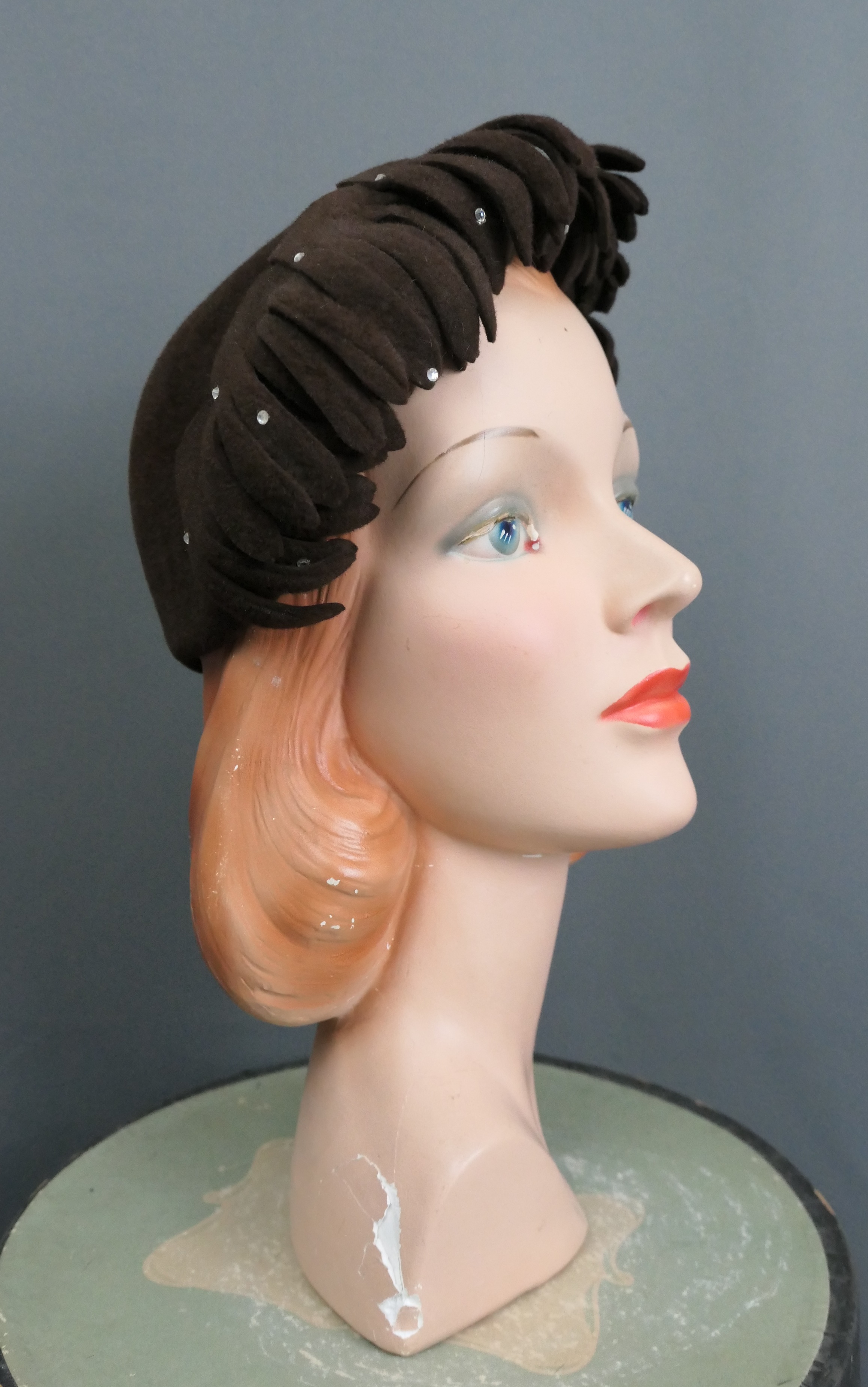 Vintage 1940s Hat with Brown Felt Petals, Velour Felt with Rhinestones, 22 inch head