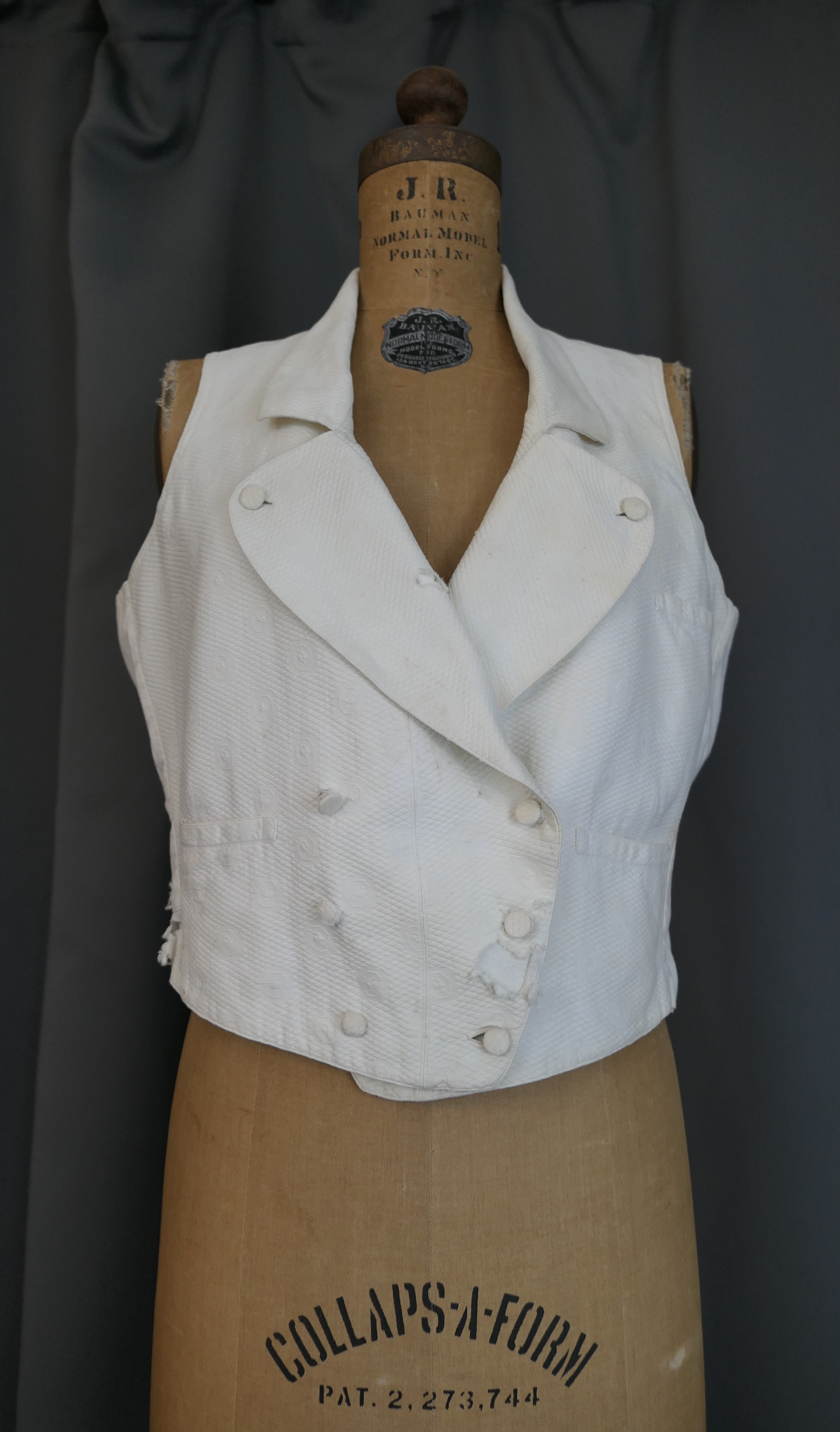Victorian Men's Antique White Vest Waistcoat, Cotton Matelasse, 38 inch chest, with issues, note of provenance wedding 1875