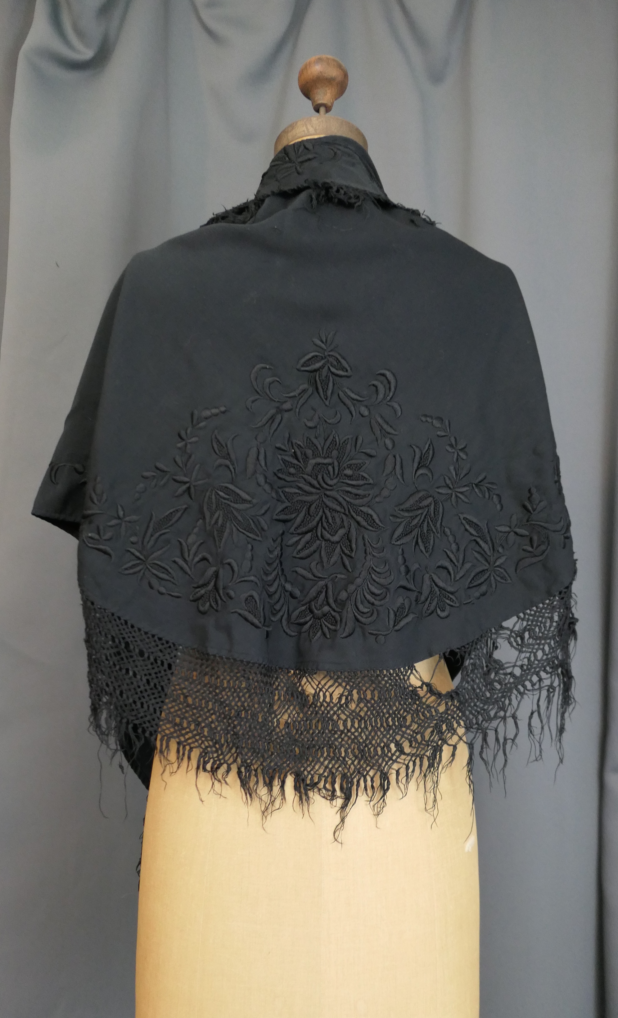 Vintage Black Wool Cape 1800s Victorian, Embroidered Capelet with Fringe, damaged as is